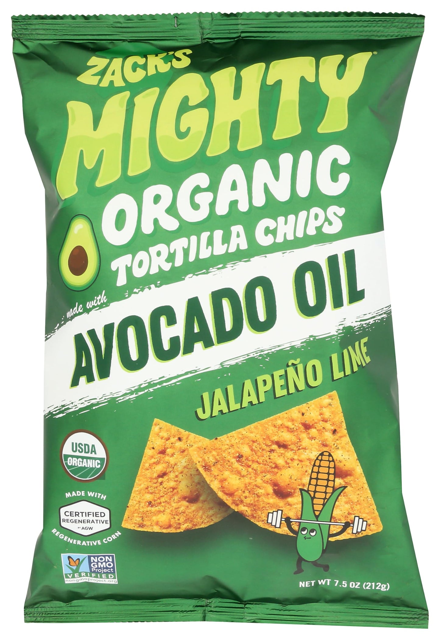 Zack's Mighty Organic Avocado Oil Tortilla Chips - Jalapeño Lime, 7.5 OZ