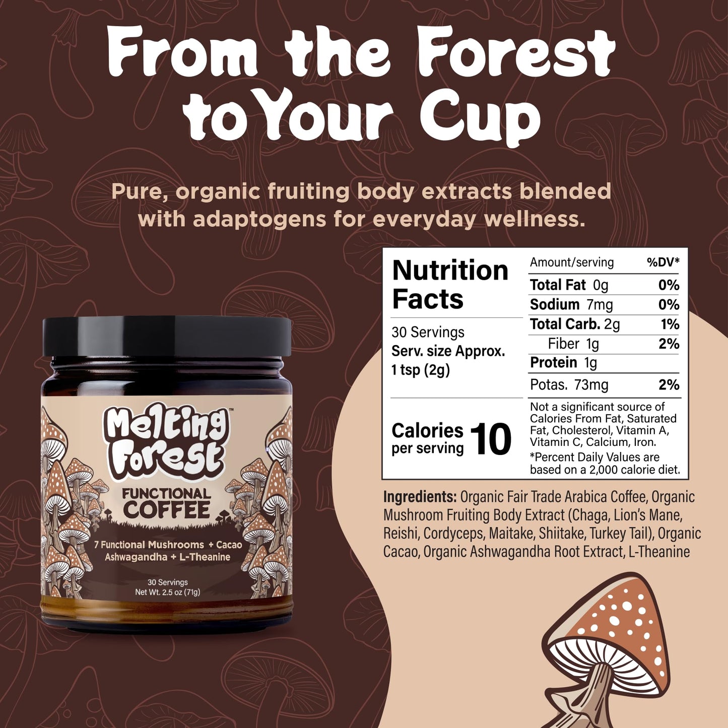 Melting Forest Mushroom Coffee, with 7 Functional Mushrooms, Cacao, Rhodiola, L-Theanine, Reishi & Lion's Mane, Stress Relieving, Focus, Cognitive