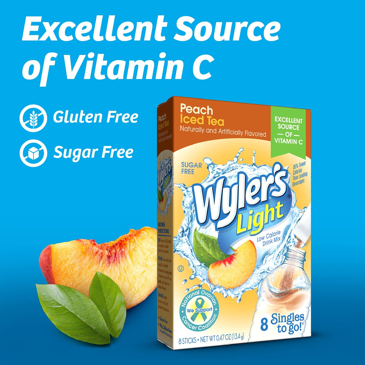 Wyler's Light Singles To Go Powder Packets, Water Drink Mix, 96 Single Servings, Peach Iced Tea, 7 Ounce (Pack of 12), 5.64 Ounce