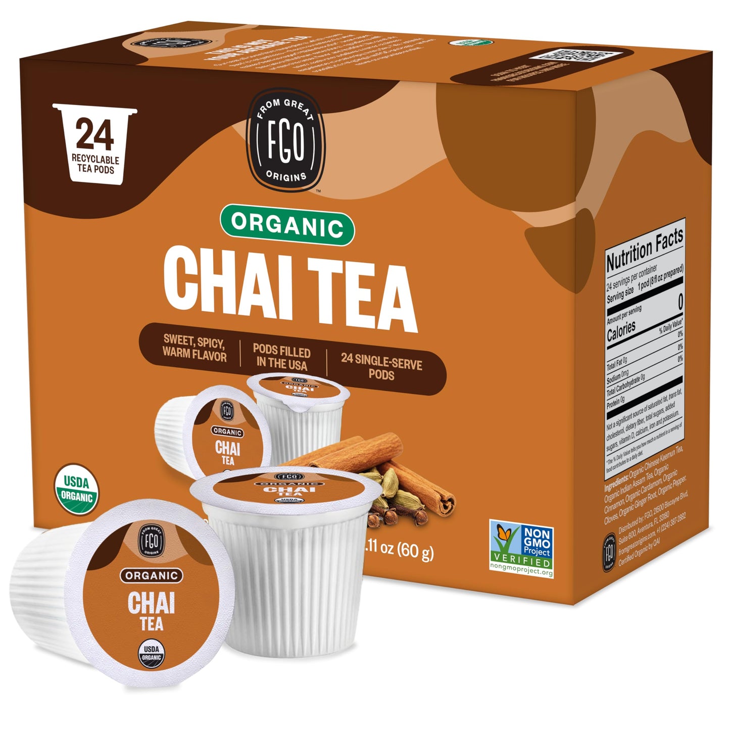 FGO Organic Chai Black Tea K-Cup Pods for Keurig, 24 Count (Pack of 1), Premium Black Tea with Chai Spice is USDA Organic, Non-GMO, & Recyclable