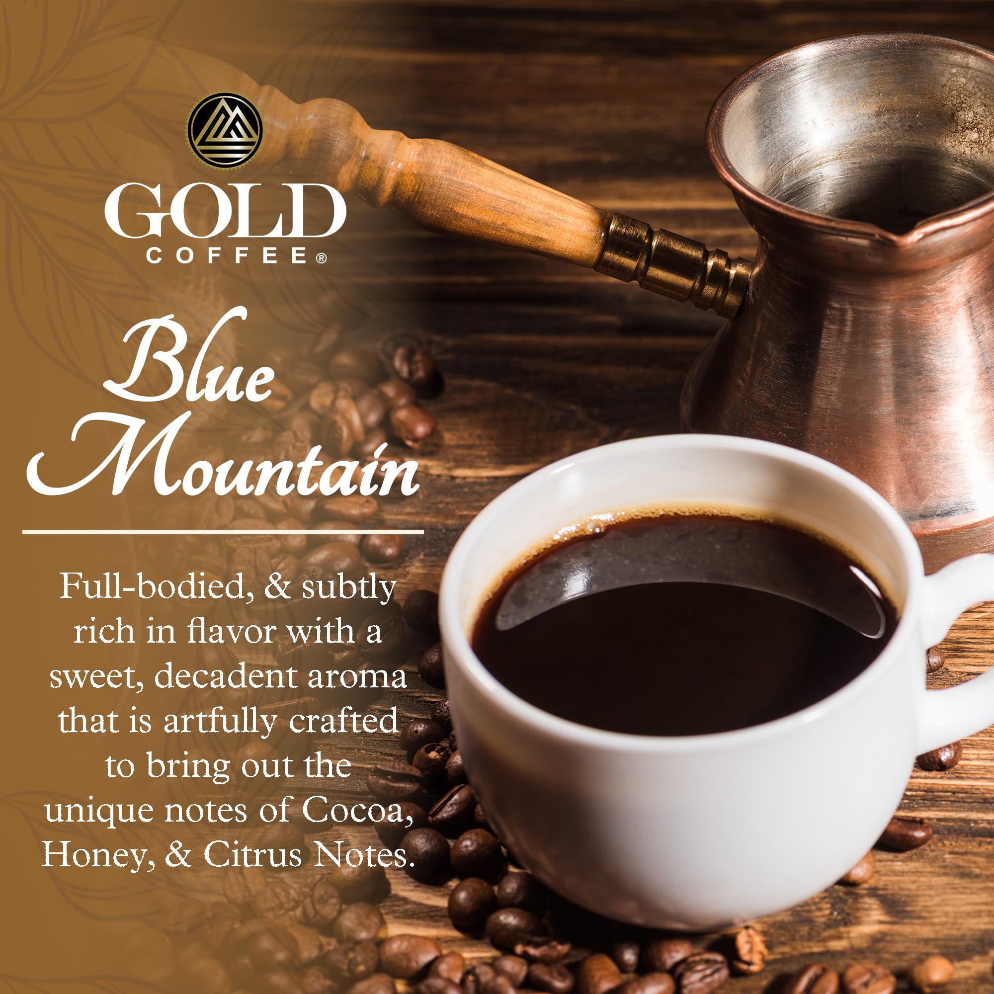 Gold Coffee Co. Blue Mountain Premium Blend - Medium Roast, Whole Bean 100% Arabica Coffee - Notes of Cocoa, Sweet Honey, Citrus 1 lb.