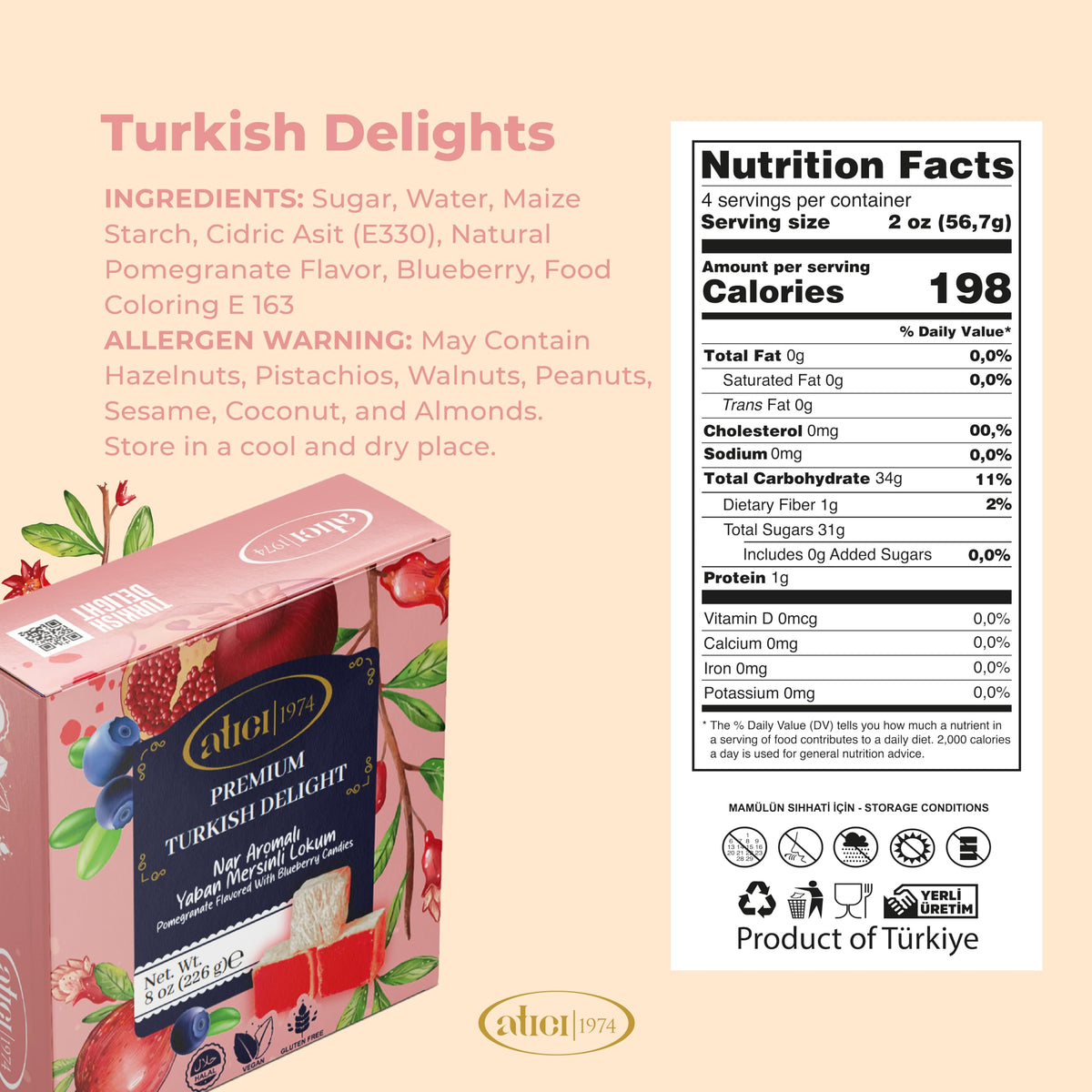 Atici Lokum Authentic Turkish Delight 8oz - Gourmet Vegan Sweets, Gluten-Free, Halal Soft Chewy Candy Gift Box | Traditional Premium Lokum Loukoumi