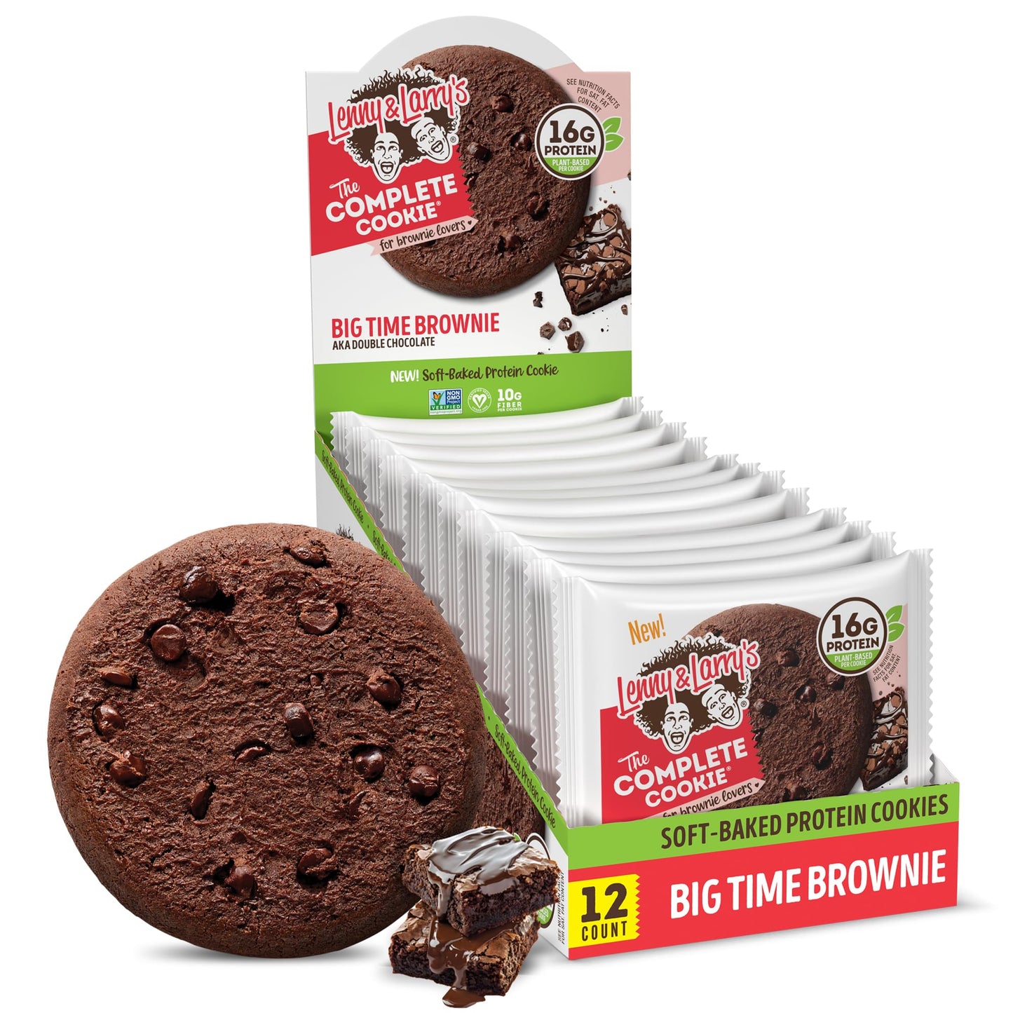 Lenny & Larry's Protein Cookie, [Big Time Brownie], Chewy Soft Baked, 16g Plant Protein, Vegan, Non-GMO, High Fiber, 4 Ounce Cookie (Pack of 12)