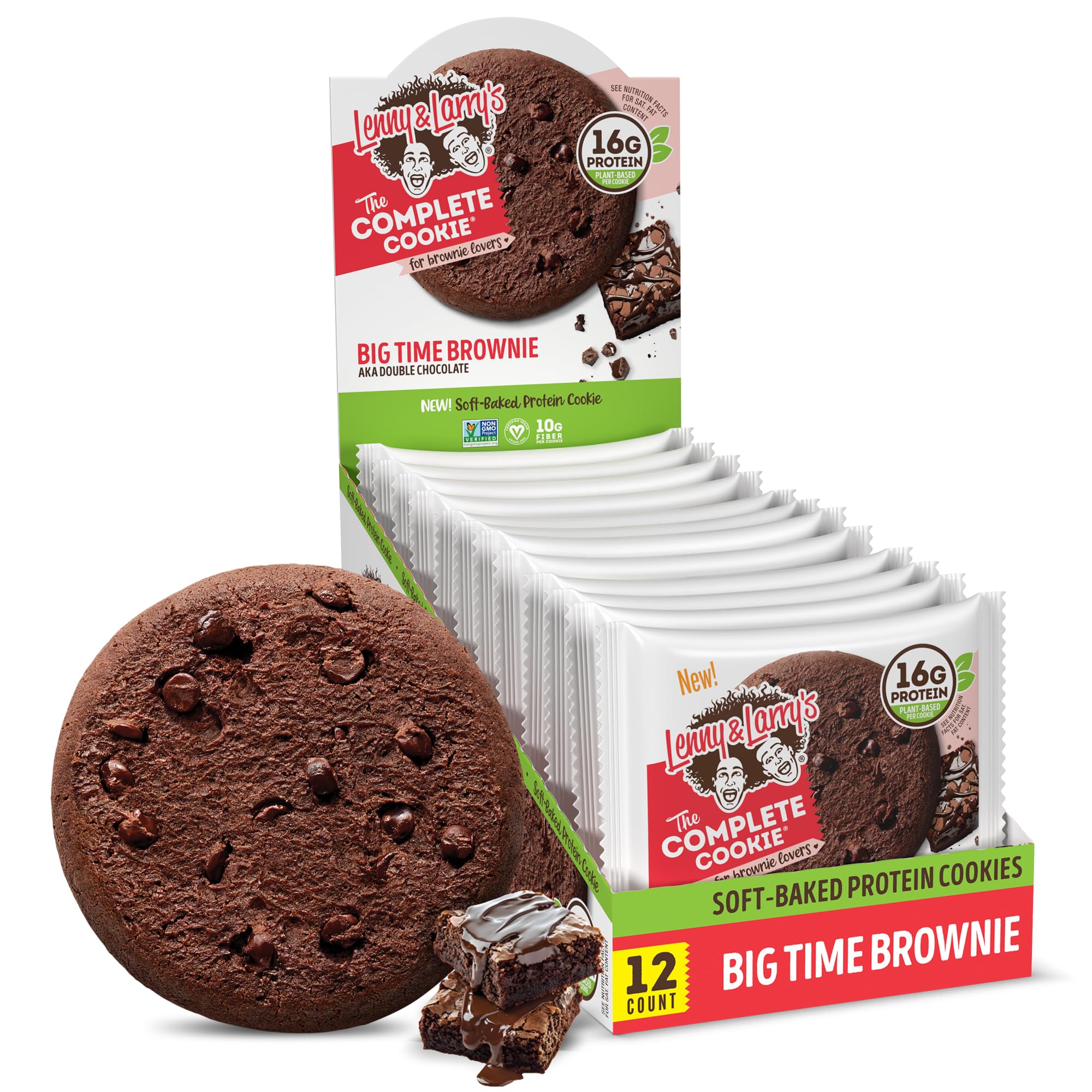 Lenny & Larry's Protein Cookie, [Big Time Brownie], Chewy Soft Baked, 16g Plant Protein, Vegan, Non-GMO, High Fiber, 4 Ounce Cookie (Pack of 12)