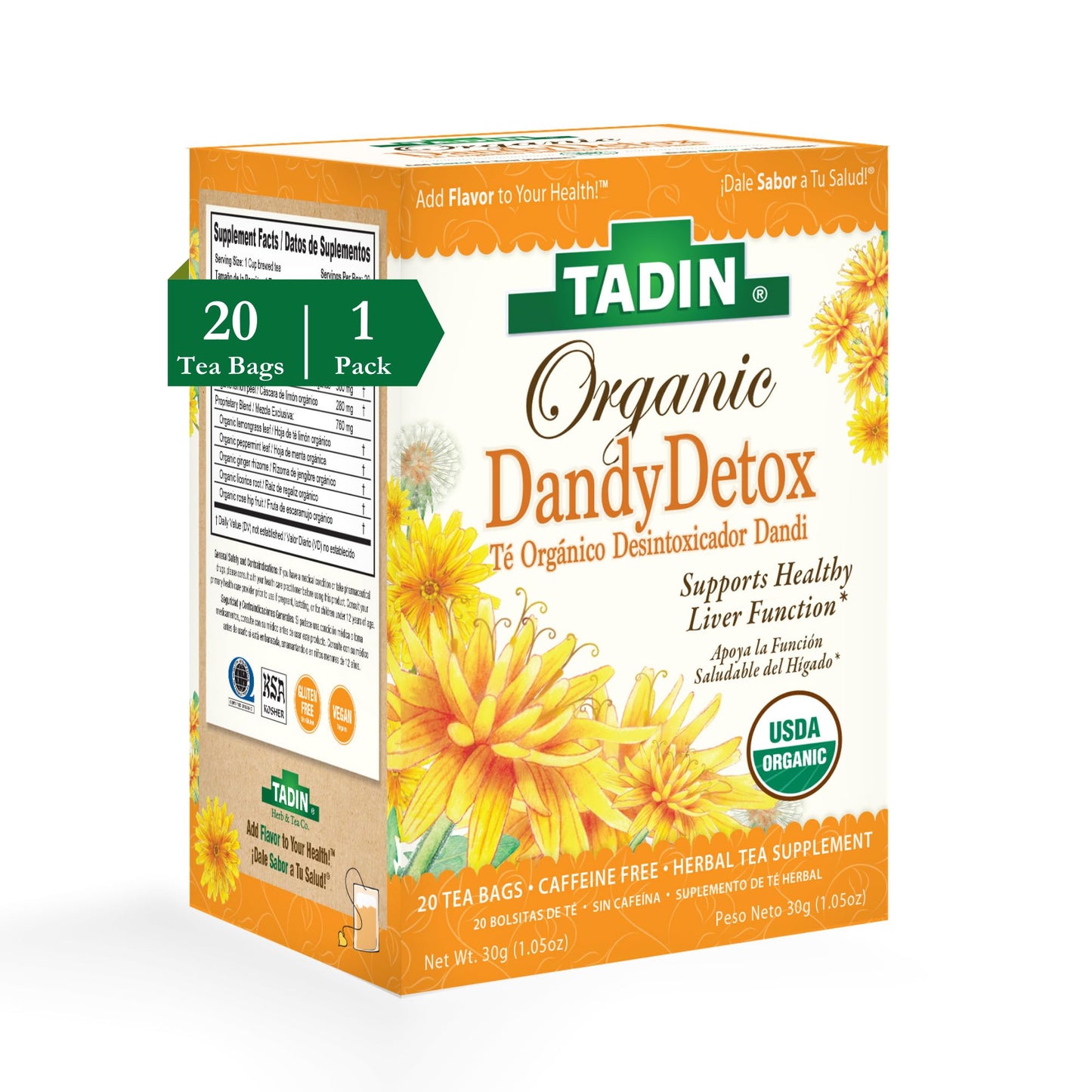Tadin Organic Dandy Detox Tea with Dandelion Root for Liver Support, Caffeine Free Herbal Tea, 20 Tea Bags Per Box, Pack of 1