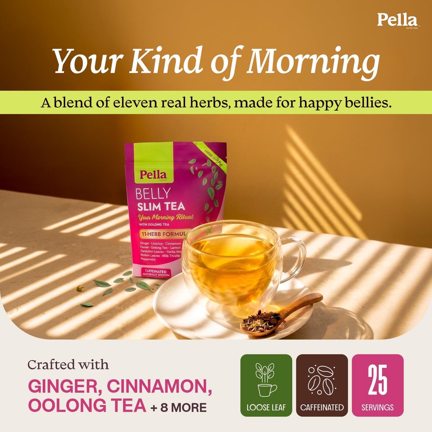 Belly Slim Tea - 11-Herb Formula with Ginger Licorice Cinnamon Fennel Oolong Lemon Dandelion Yerba Mate Mullein Leaves Milk Thistle & Peppermint