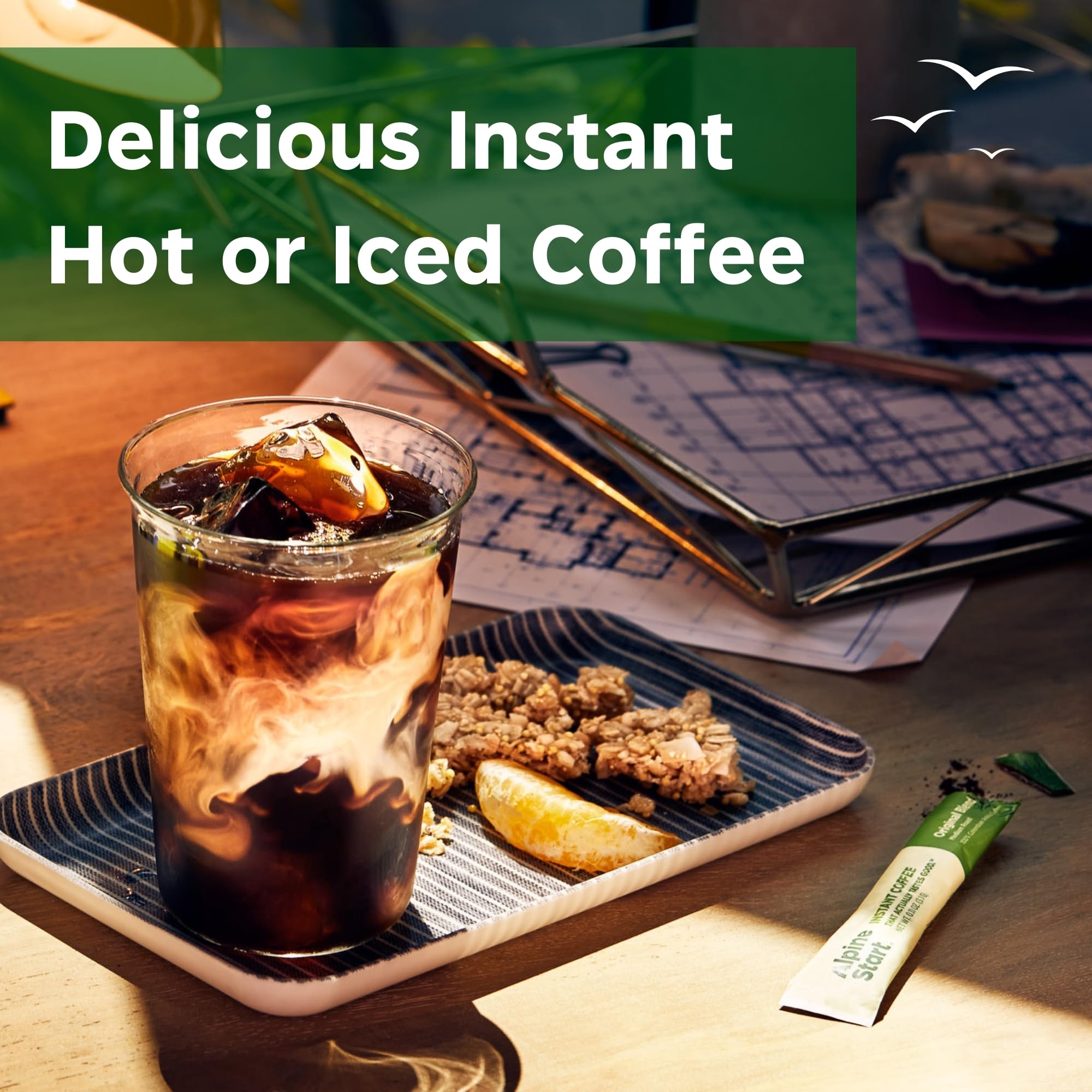 Alpine Start Instant Coffee Original Blend Medium Roast - Individual Powder Mix From High Altitude Arabica Coffee Beans - Hot or Cold Brew for Home