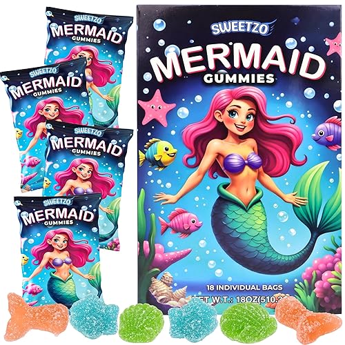 Mermaid Gummy Candy, Individual Bags for Birthday Parties, Assorted Fruit Flavors, Party Favor Treats, 18 Count