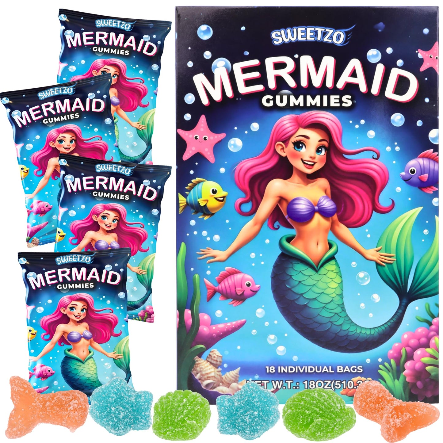 Mermaid Gummy Candy, Individual Bags for Birthday Parties, Assorted Fruit Flavors, Party Favor Treats, 18 Count
