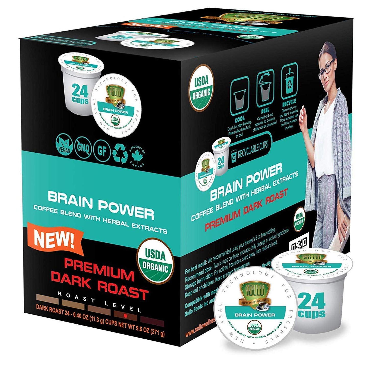 SOLLO Brain Power Dark Coffee Pods MCT & Essential nutrition, Nootropic Brain Booster, For Memory & Focus Compatible with 2.0 K-Cup Keurig Brewers, 24