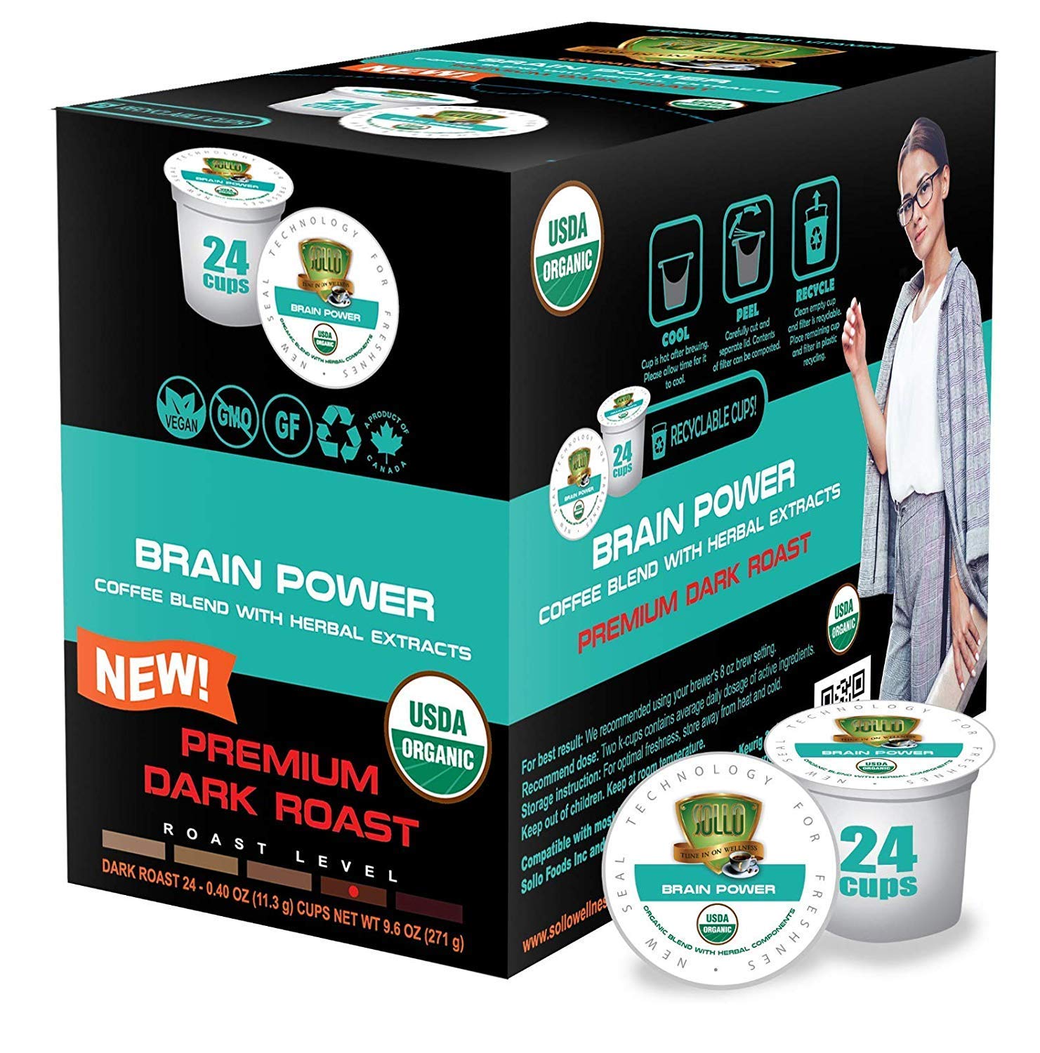 SOLLO Brain Power Dark Coffee Pods MCT & Essential nutrition, Nootropic Brain Booster, For Memory & Focus Compatible with 2.0 K-Cup Keurig Brewers, 24