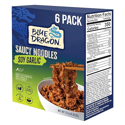 Blue Dragon Soy Garlic Saucy Noodles - 4.2oz (Pack of 6) - Knife Cut Air Dried Noodles w/Soy Garlic Sauce & Chili Garnish - Quick & Easy Meal