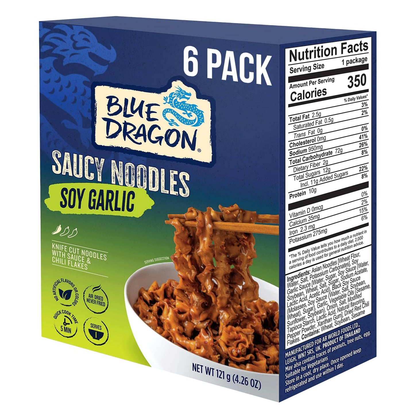 Blue Dragon Soy Garlic Saucy Noodles - 4.2oz (Pack of 6) - Knife Cut Air Dried Noodles w/Soy Garlic Sauce & Chili Garnish - Quick & Easy Meal