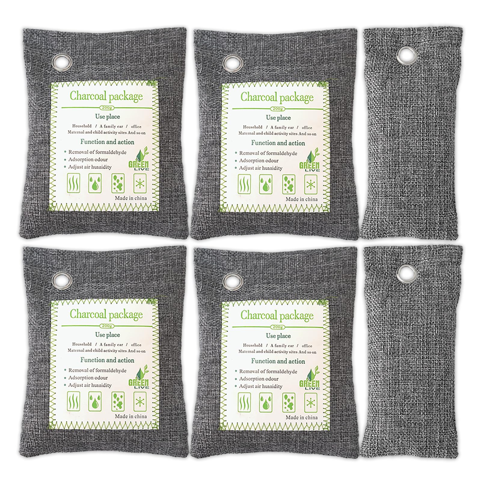 Activated Charcoal Odor Absorber (4x200g Large + 2x75g Small), Bamboo Charcoal Air Purifying Bag, Odor Deodorizer and Eliminator for Cars