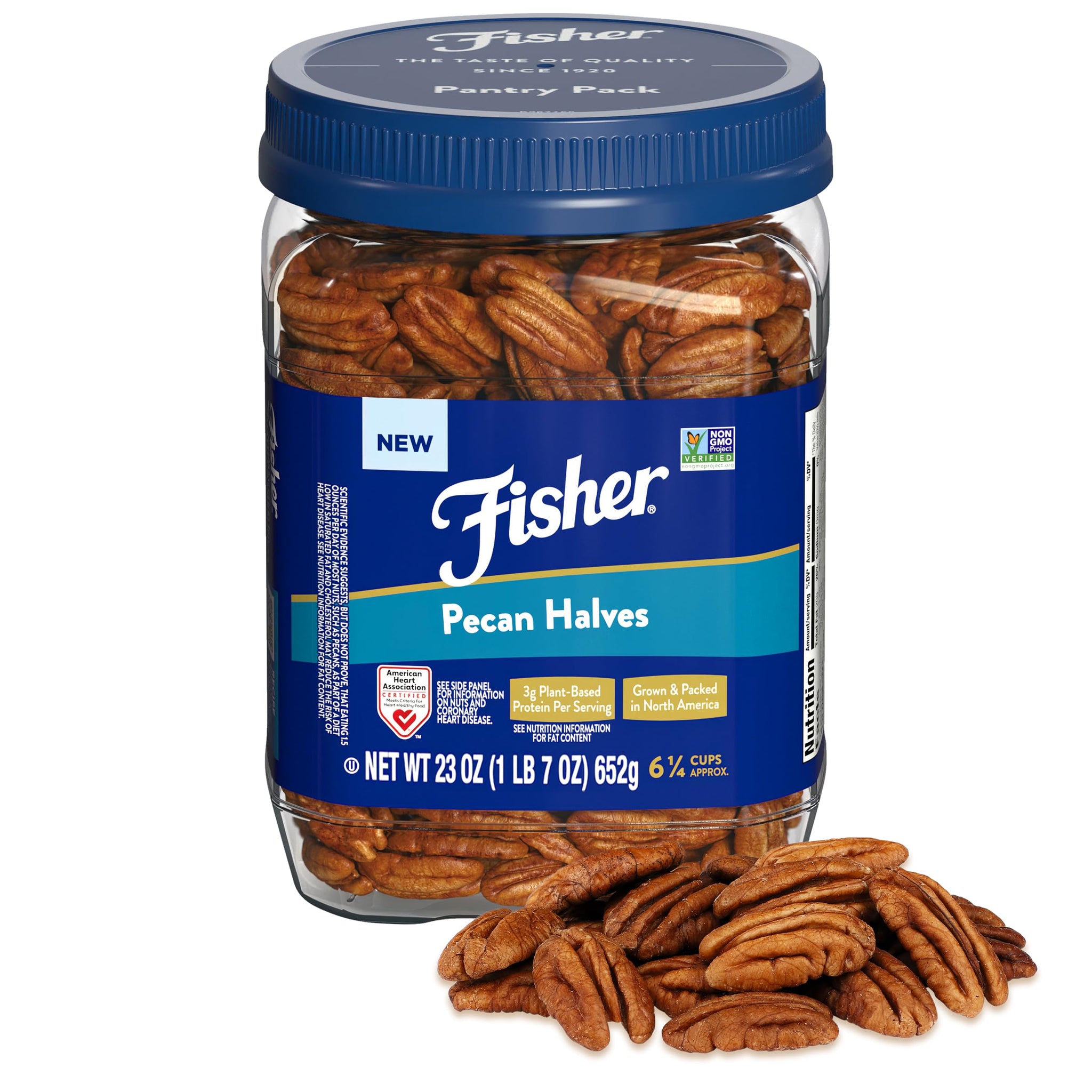 Fisher Chef's Naturals Pecan Halves 23 oz 100% Resealable Jar, Unsalted Raw Nuts for Cooking, Baking & Snacking, Healthy Snacks for Adults, Vegan