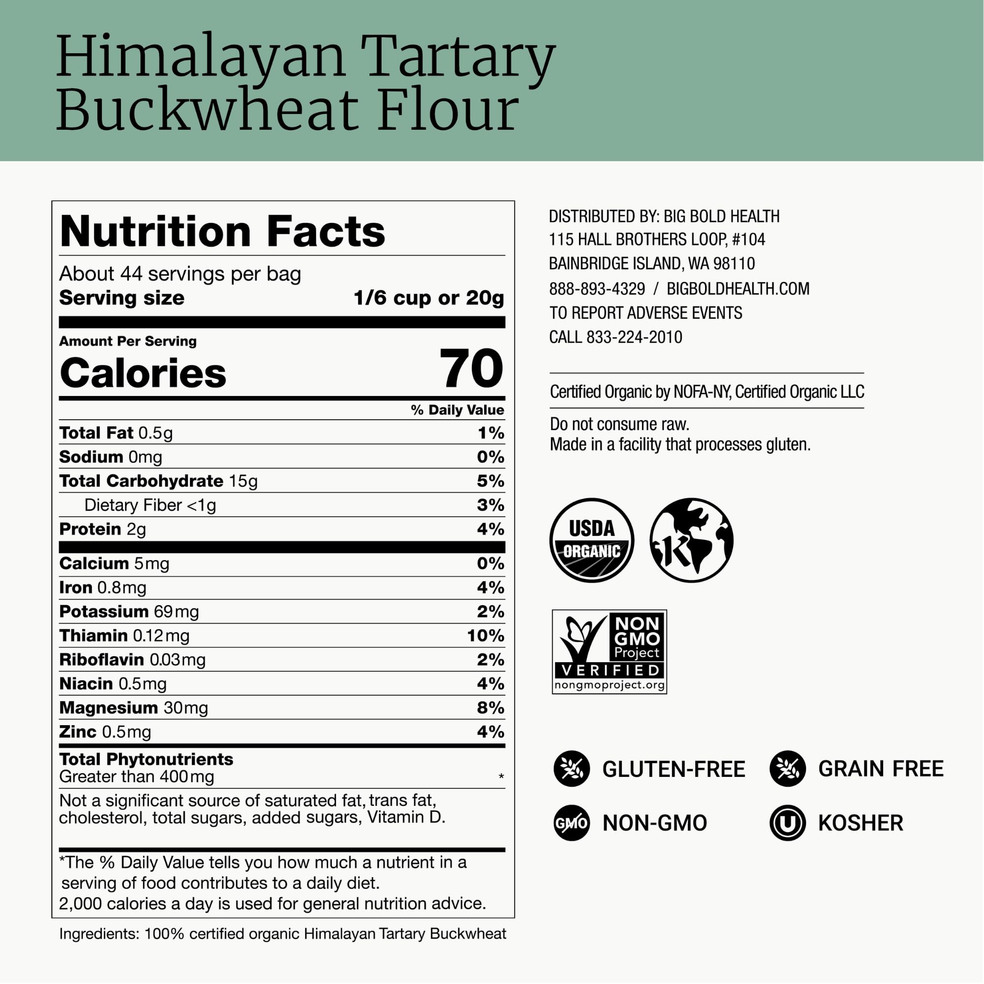 BIG BOLD HEALTH Organic Himalayan Tartary Buckwheat Flour - Gluten Free | Rich in Polyphenols & Antioxidants | 100% USDA Organic Grain-Free Flour |