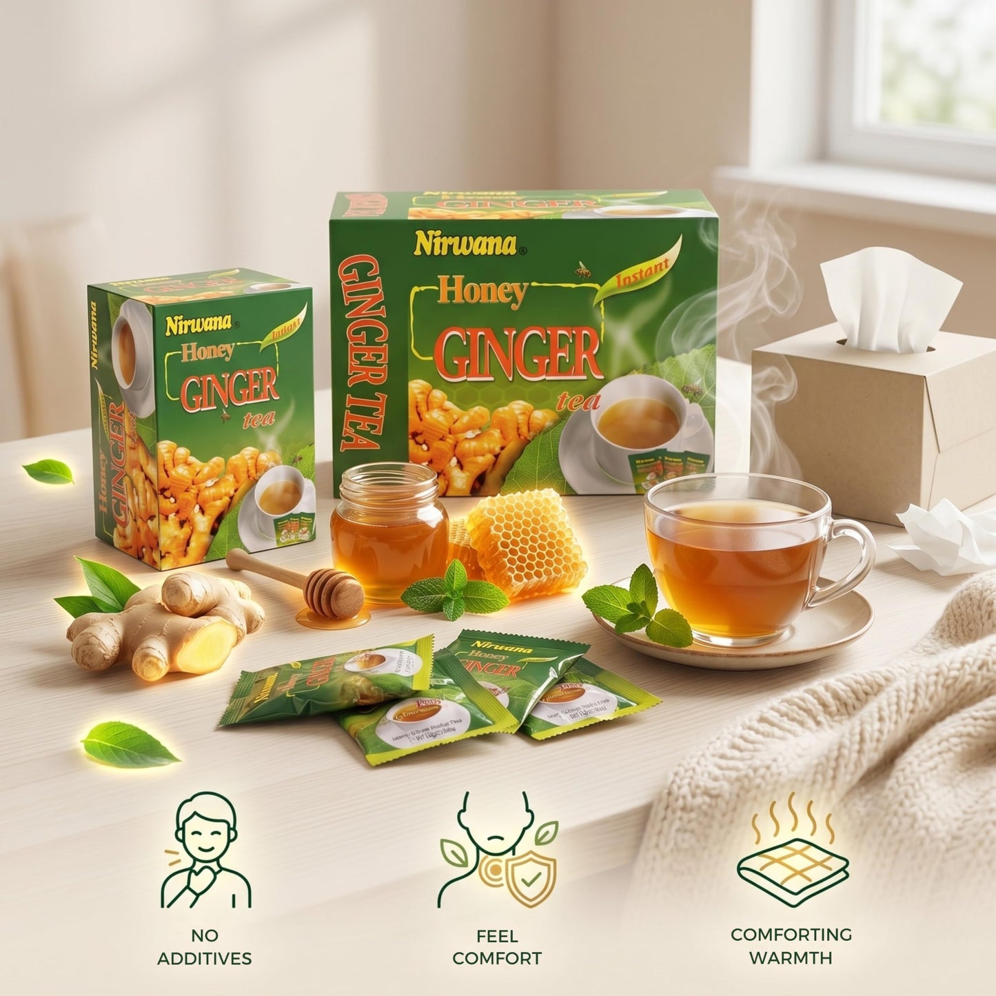 Nirwana Honey Ginger Herbal Tea - Caffeine-Free Ginger Tea Bags with Honey Flavor, Smooth Herbal Infusion, Warm & Aromatic Tea (20 Sachets)