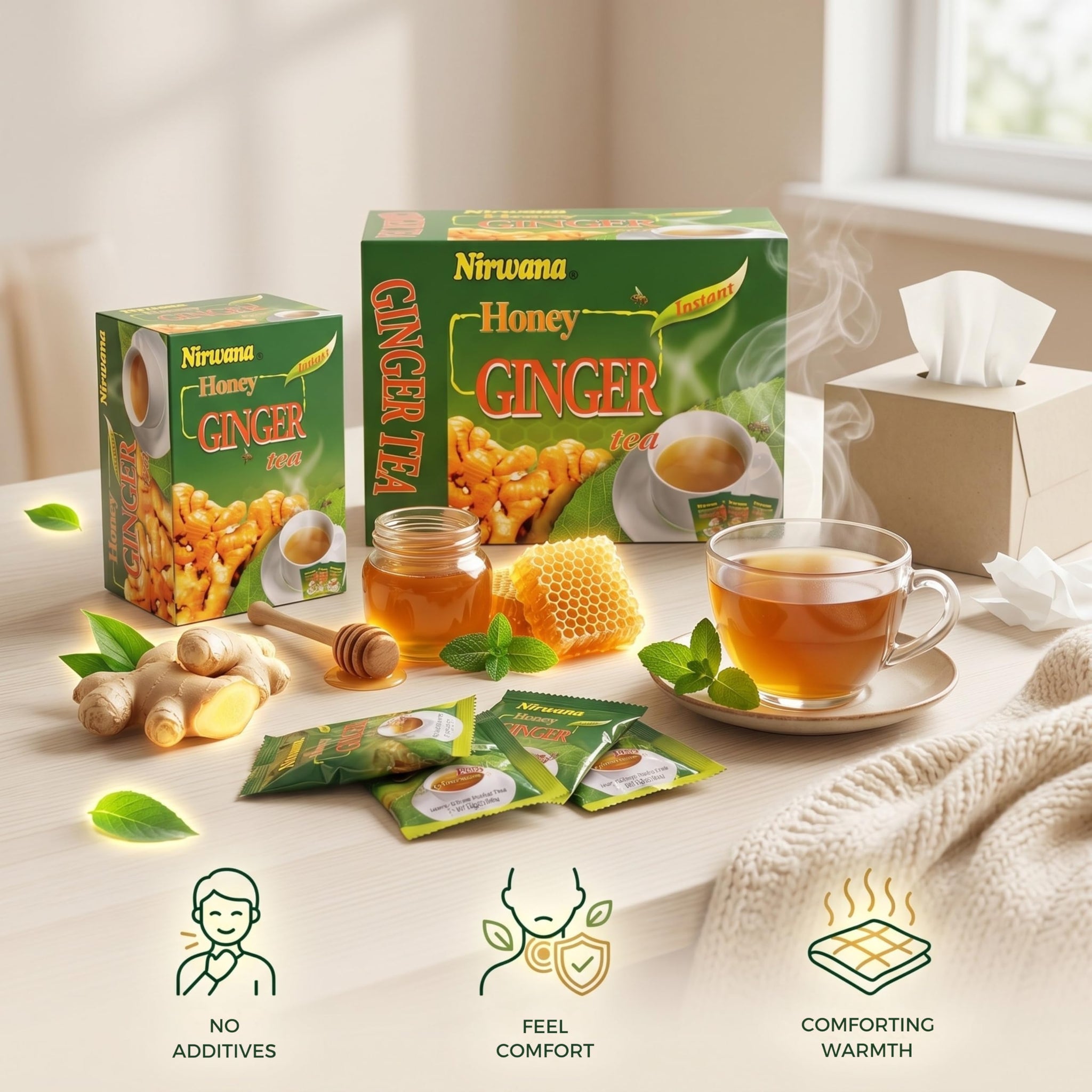 Nirwana Honey Ginger Herbal Tea - Caffeine-Free Ginger Tea Bags with Honey Flavor, Smooth Herbal Infusion, Warm & Aromatic Tea (20 Sachets)