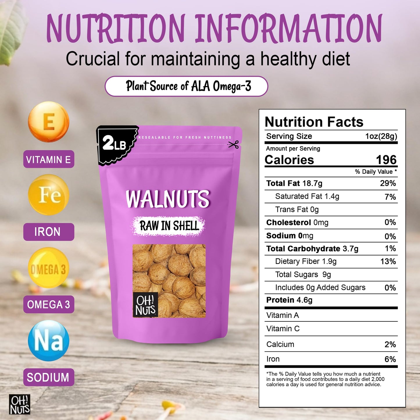 Oh! Nuts Walnuts in Shell - Raw - 100% Natural - 2 lb - Whole Walnuts for a Healthy Vegan Snack - Packed in New York Zip-Seal Bag for Exceptional