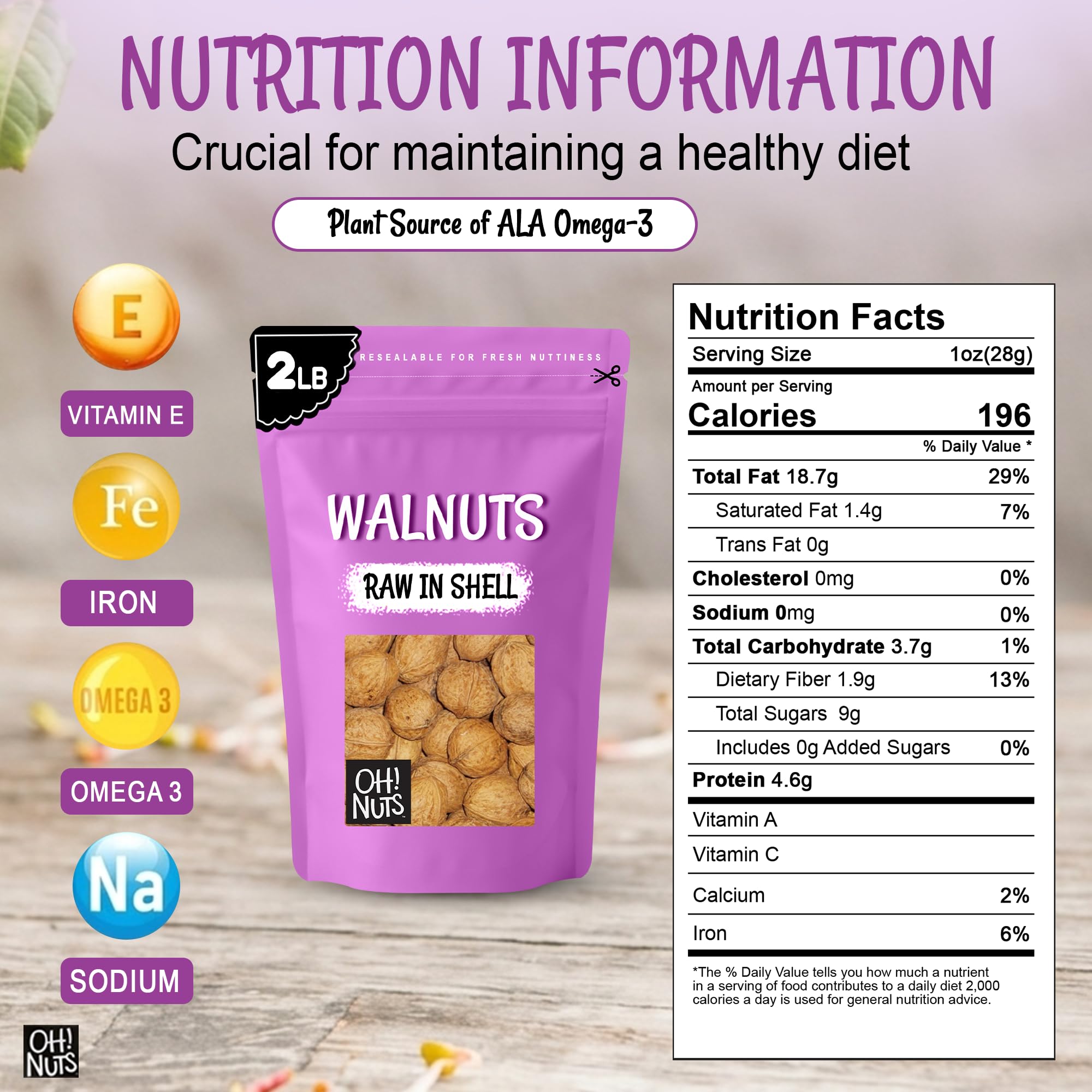 Oh! Nuts Walnuts in Shell - Raw - 100% Natural - 2 lb - Whole Walnuts for a Healthy Vegan Snack - Packed in New York Zip-Seal Bag for Exceptional