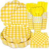 175 Pcs Yellow Gingham Plates and Napkins Party Supplies-Yellow and White Scalloped Paper Plates Disposable Plaid Cocktail Napkin Checkered Dinner