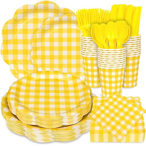 175 Pcs Yellow Gingham Plates and Napkins Party Supplies-Yellow and White Scalloped Paper Plates Disposable Plaid Cocktail Napkin Checkered Dinner