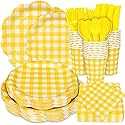 175 Pcs Yellow Gingham Plates and Napkins Party Supplies-Yellow and White Scalloped Paper Plates Disposable Plaid Cocktail Napkin Checkered Dinner