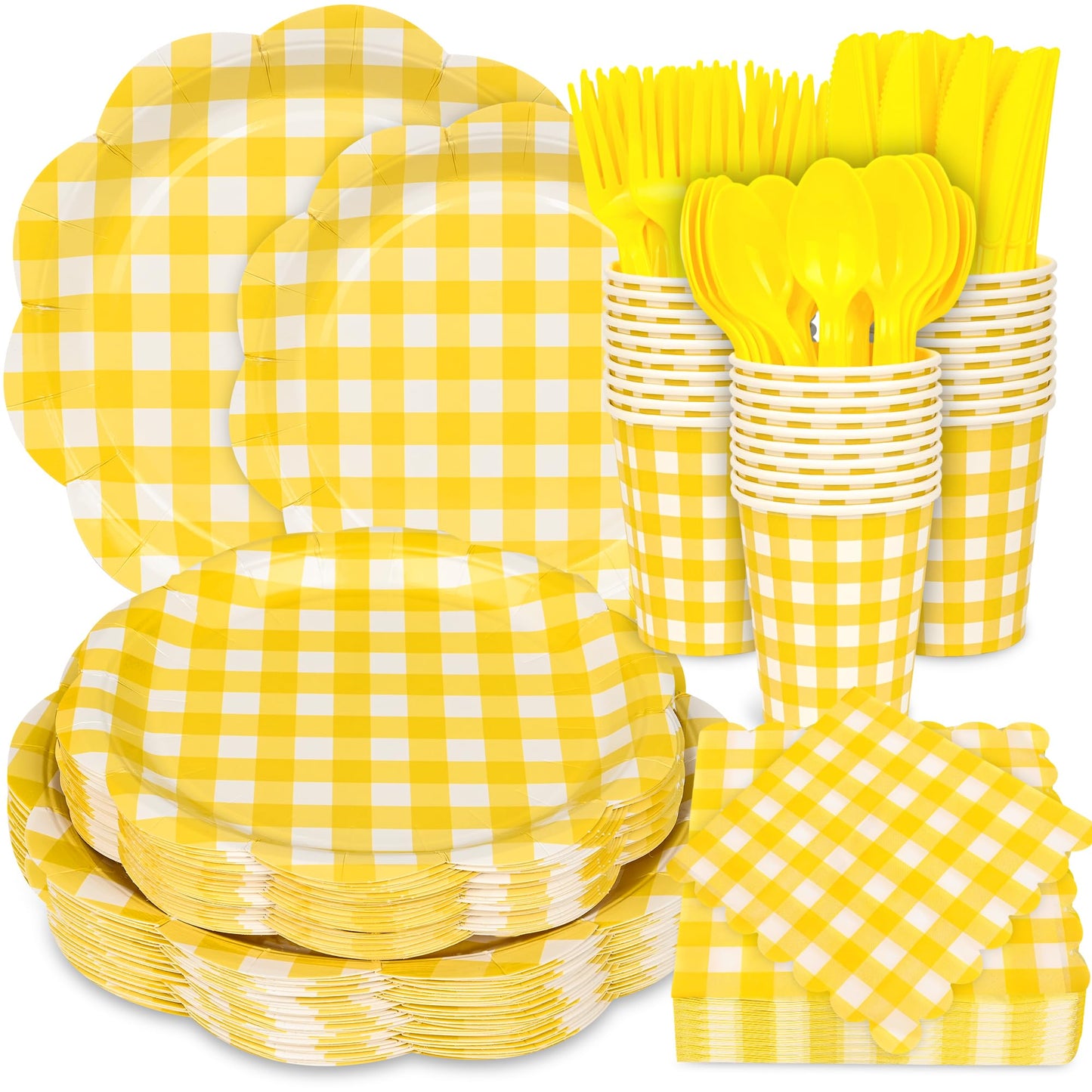 175 Pcs Yellow Gingham Plates and Napkins Party Supplies-Yellow and White Scalloped Paper Plates Disposable Plaid Cocktail Napkin Checkered Dinner