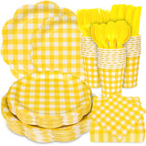 175 Pcs Yellow Gingham Plates and Napkins Party Supplies-Yellow and White Scalloped Paper Plates Disposable Plaid Cocktail Napkin Checkered Dinner