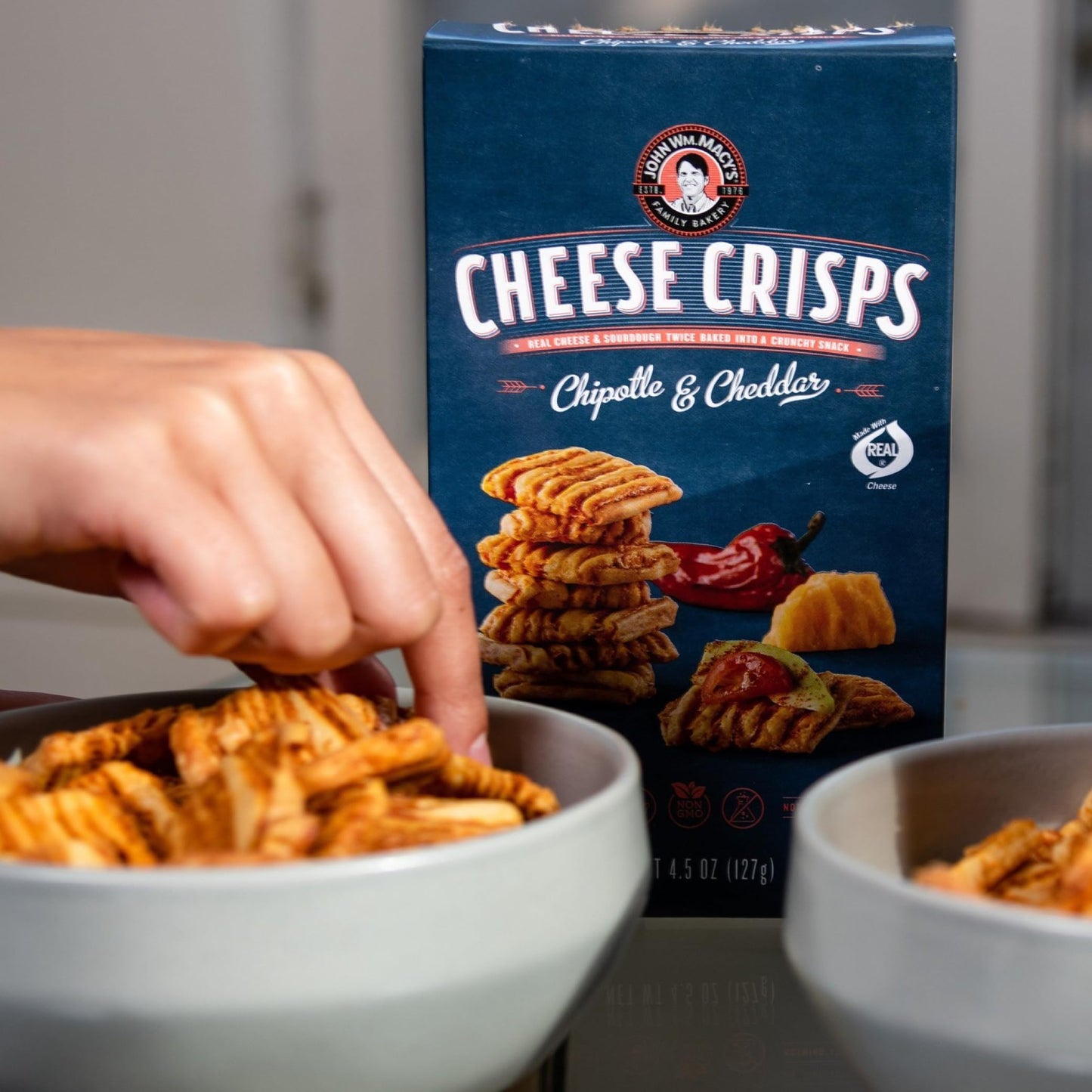 John Wm. Macy - Chipotle & Cheddar CheeseCrisps - Hand Crafted, Non GMO, and Nothing Artificial - Made with Real Cheese - 4.5 oz. Cartons - 3 Pack