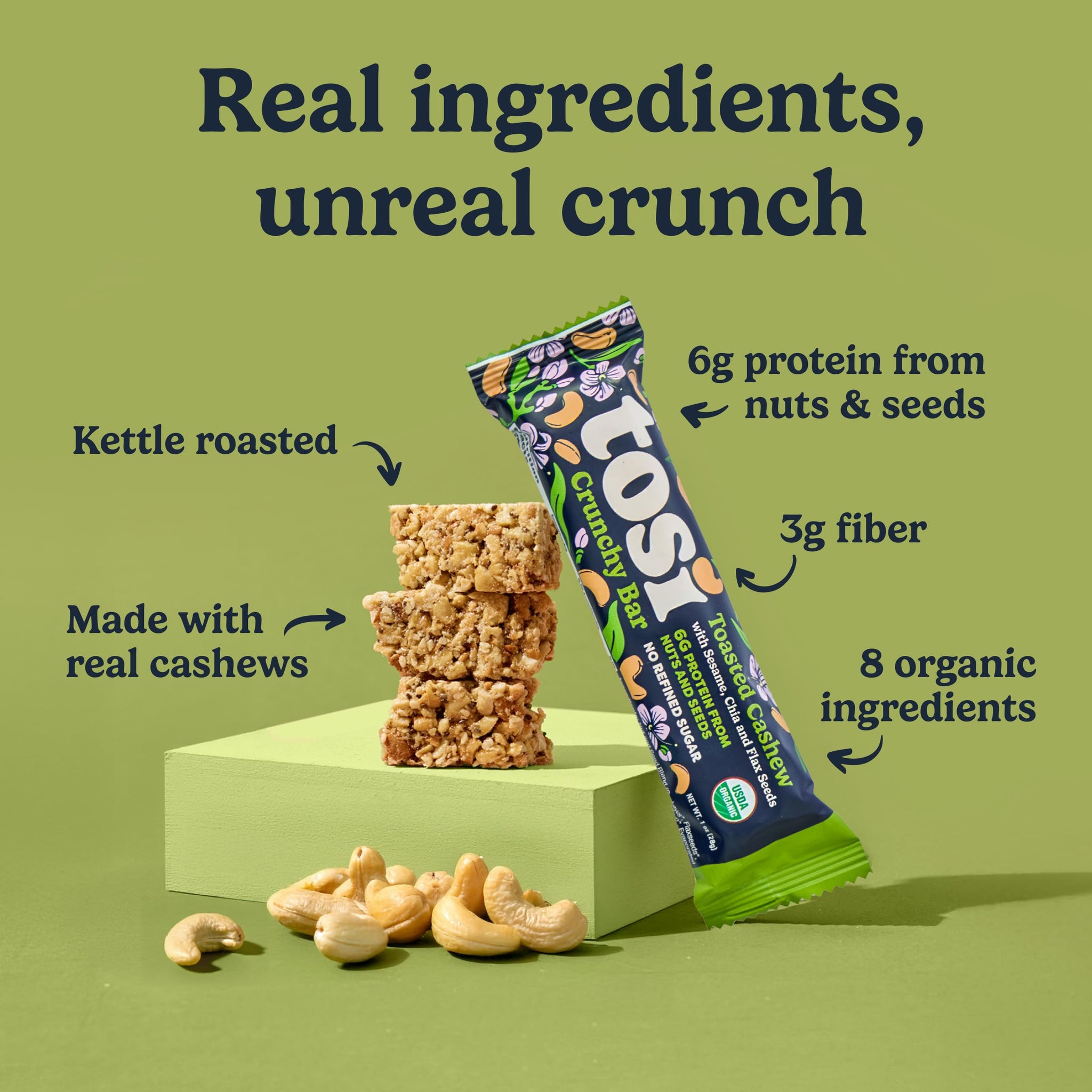 Tosi Nut Bars, Cashew, Healthy Snacks for Adults & Kids, Plant Based Crunchy Bars (6G Protein), Organic Keto Snacks, Vegan, Gluten & Soy Free, Low