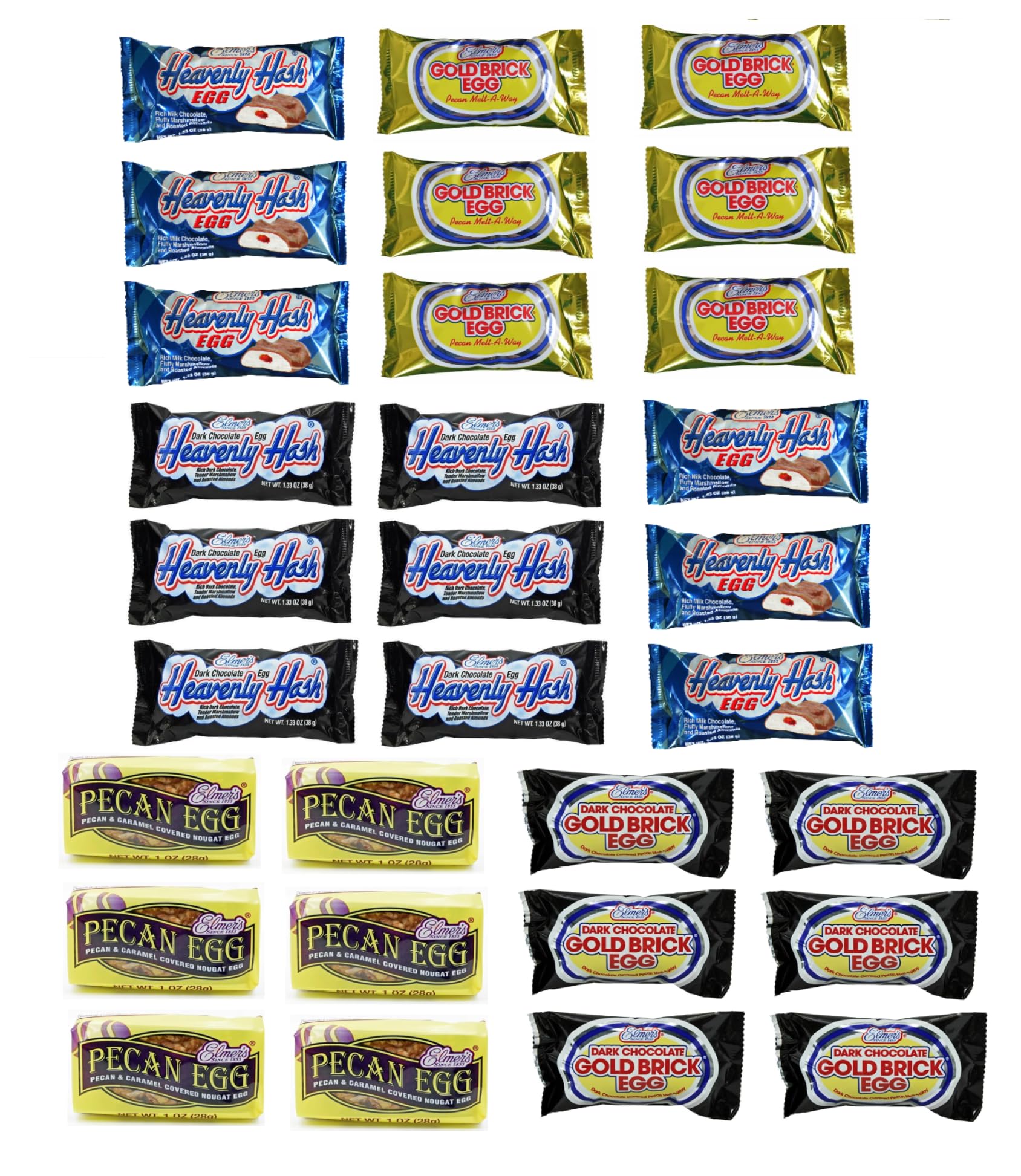 Elmer Ultimate Egg Variety Pack - 30 Total Eggs - 6 of Each - Heavenly Hash, Gold Brick, Dark Chocolate Gold Brick - Pecan Egg - Dark Chocolate