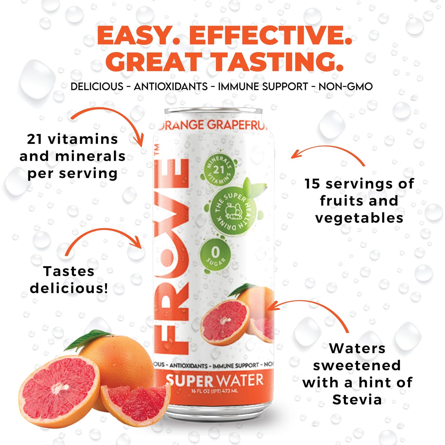 FrUve Super Water | Orange Grapefruit Flavor | 12 16oz Cans | Healthy Drink | Zero Sugar | Low Calorie Drink | Powerful Antioxidants | Boosts Immune