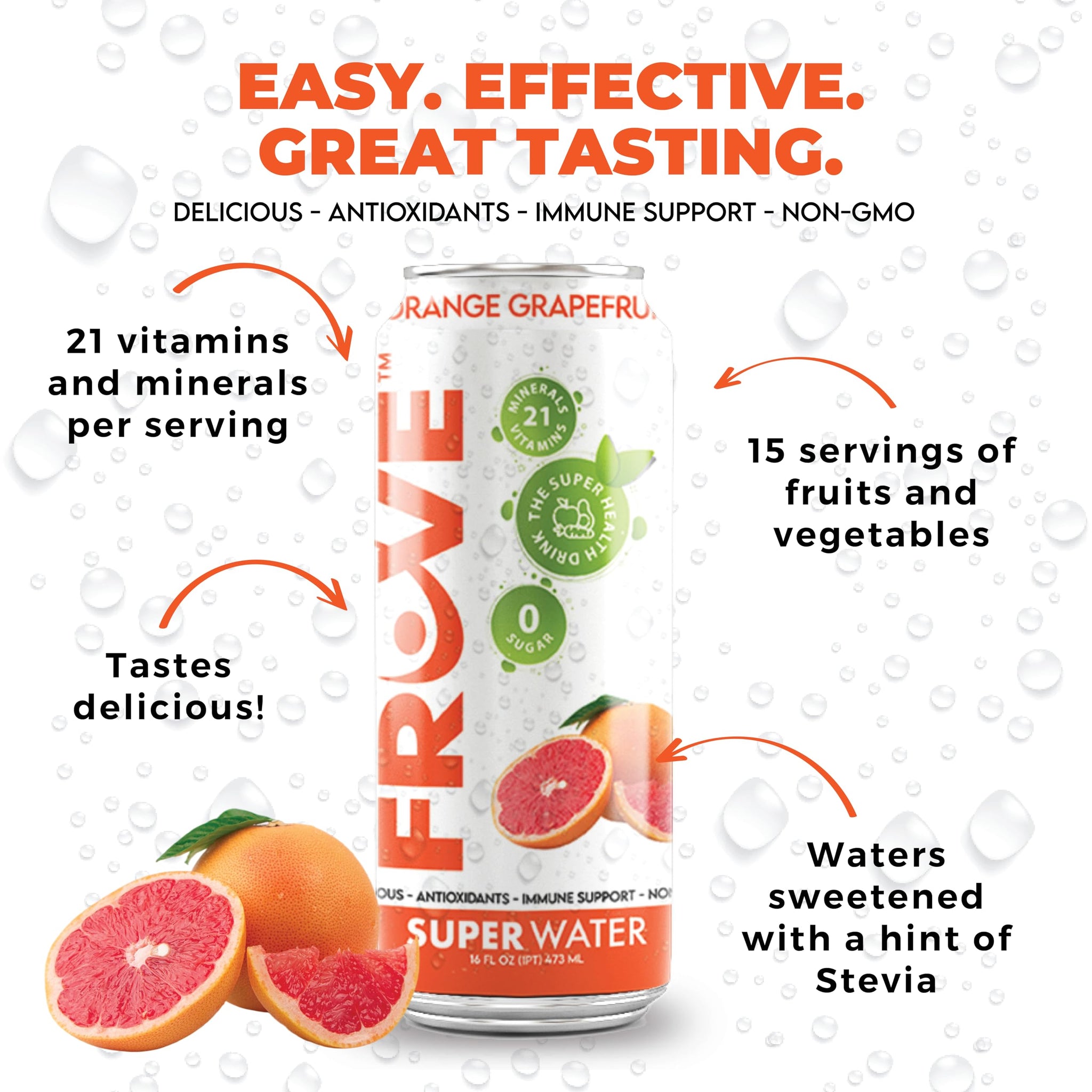 FrUve Super Water | Orange Grapefruit Flavor | 12 16oz Cans | Healthy Drink | Zero Sugar | Low Calorie Drink | Powerful Antioxidants | Boosts Immune
