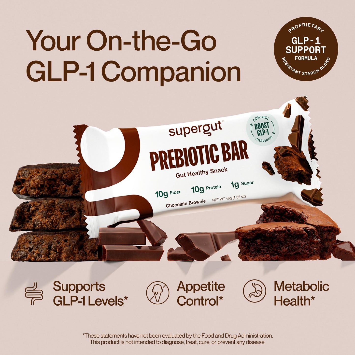 Supergut GLP-1 Boosting Prebiotic Bars, Chocolate Brownie - Gut Healthy Protein Snacks & Breakfast Bars - Keto-Friendly Meal Replacement Energy Bars