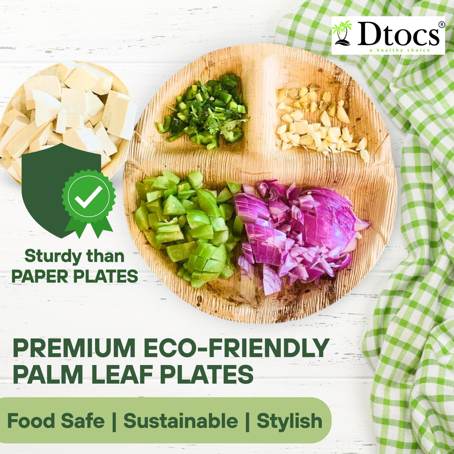 Dtocs 3 Compartment Plates (50 Pc) Palm Leaf 10 Inch Round Portion Control Buffet Sectional Plate | Bamboo Plates Disposable Like Compostable Camping