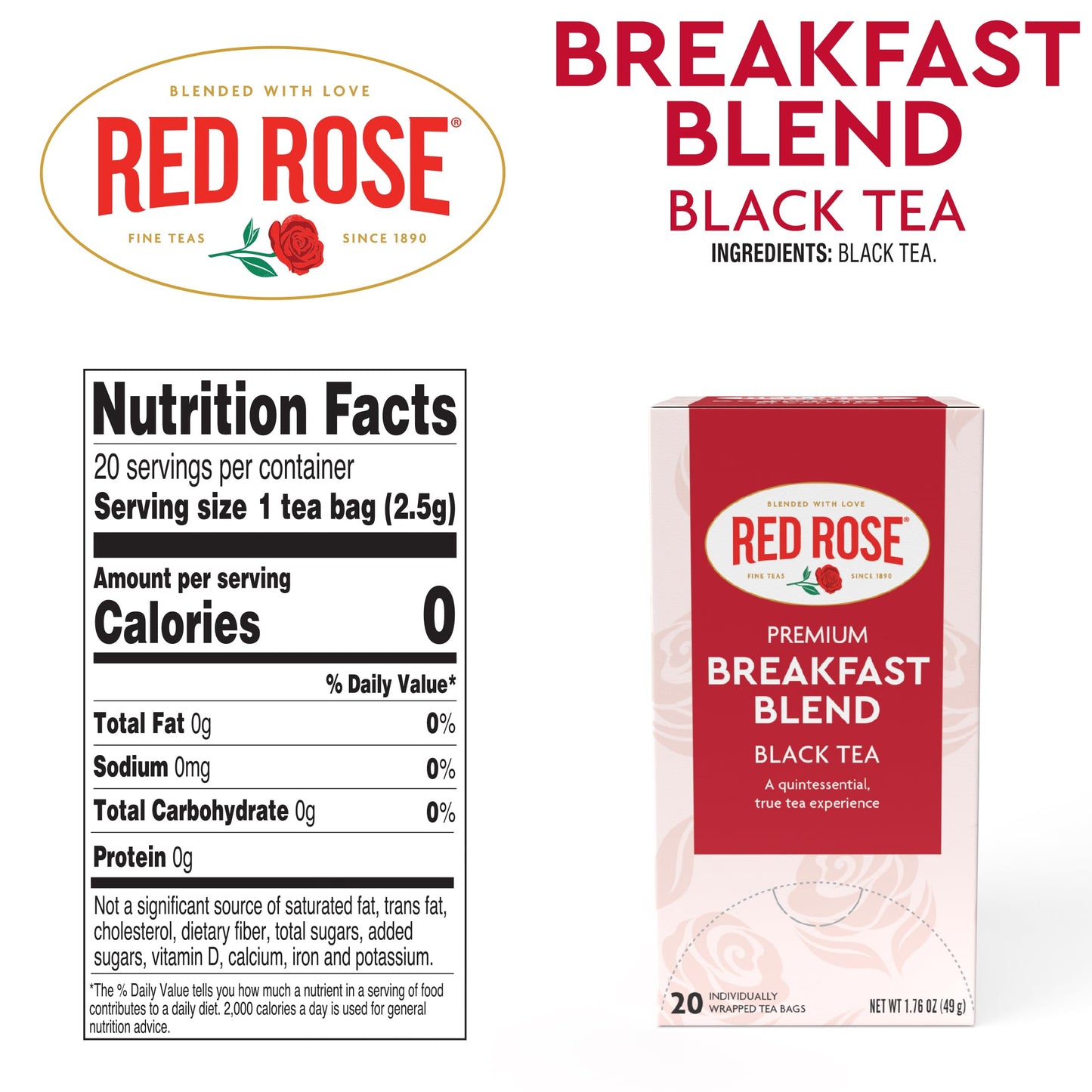 Red Rose Breakfast Tea Specially Blended Strong Robust Black Tea with 20 Individually Wrapped Tea Bags Per Box Contains Caffeine Brew Hot Full