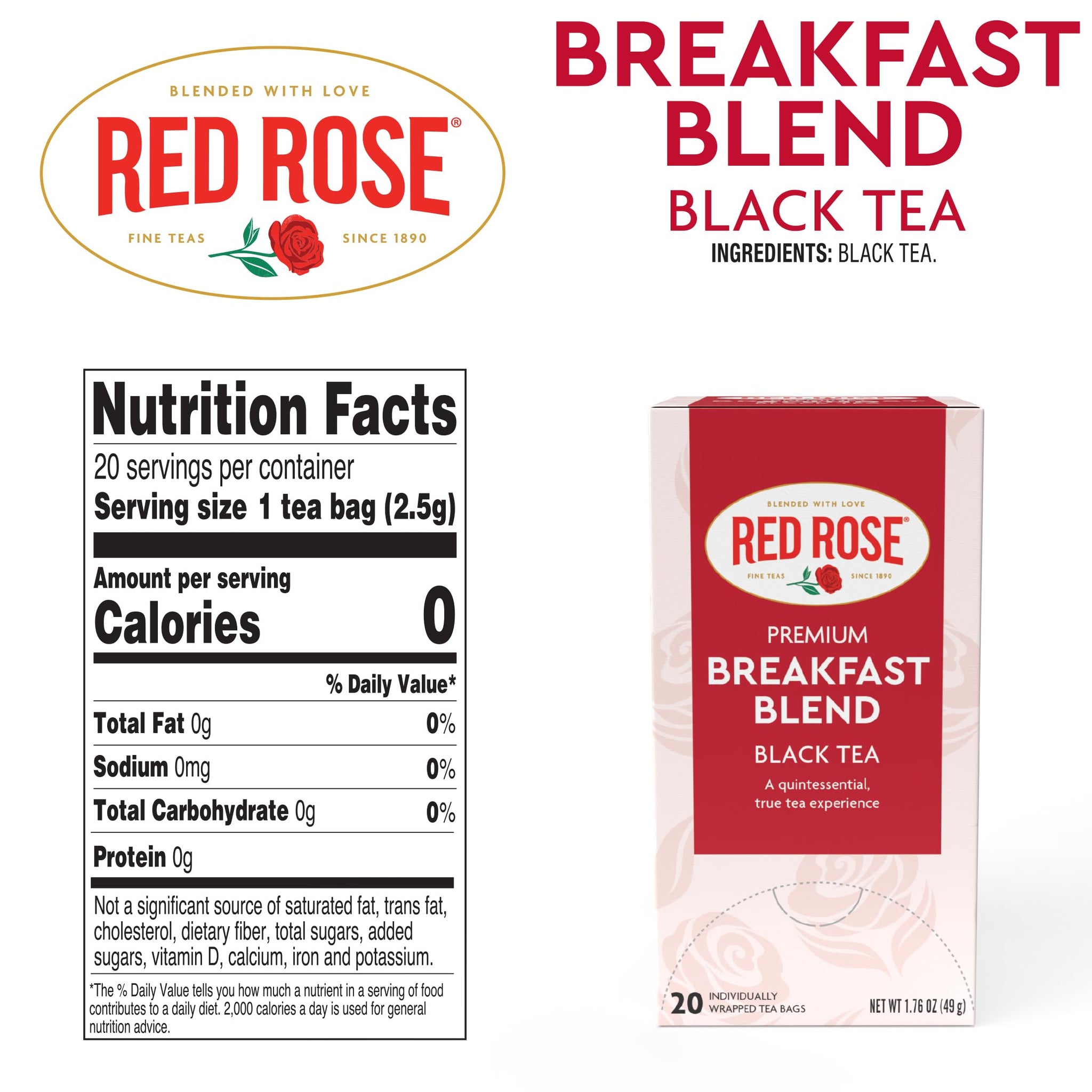 Red Rose Breakfast Tea Specially Blended Strong Robust Black Tea with 20 Individually Wrapped Tea Bags Per Box Contains Caffeine Brew Hot Full