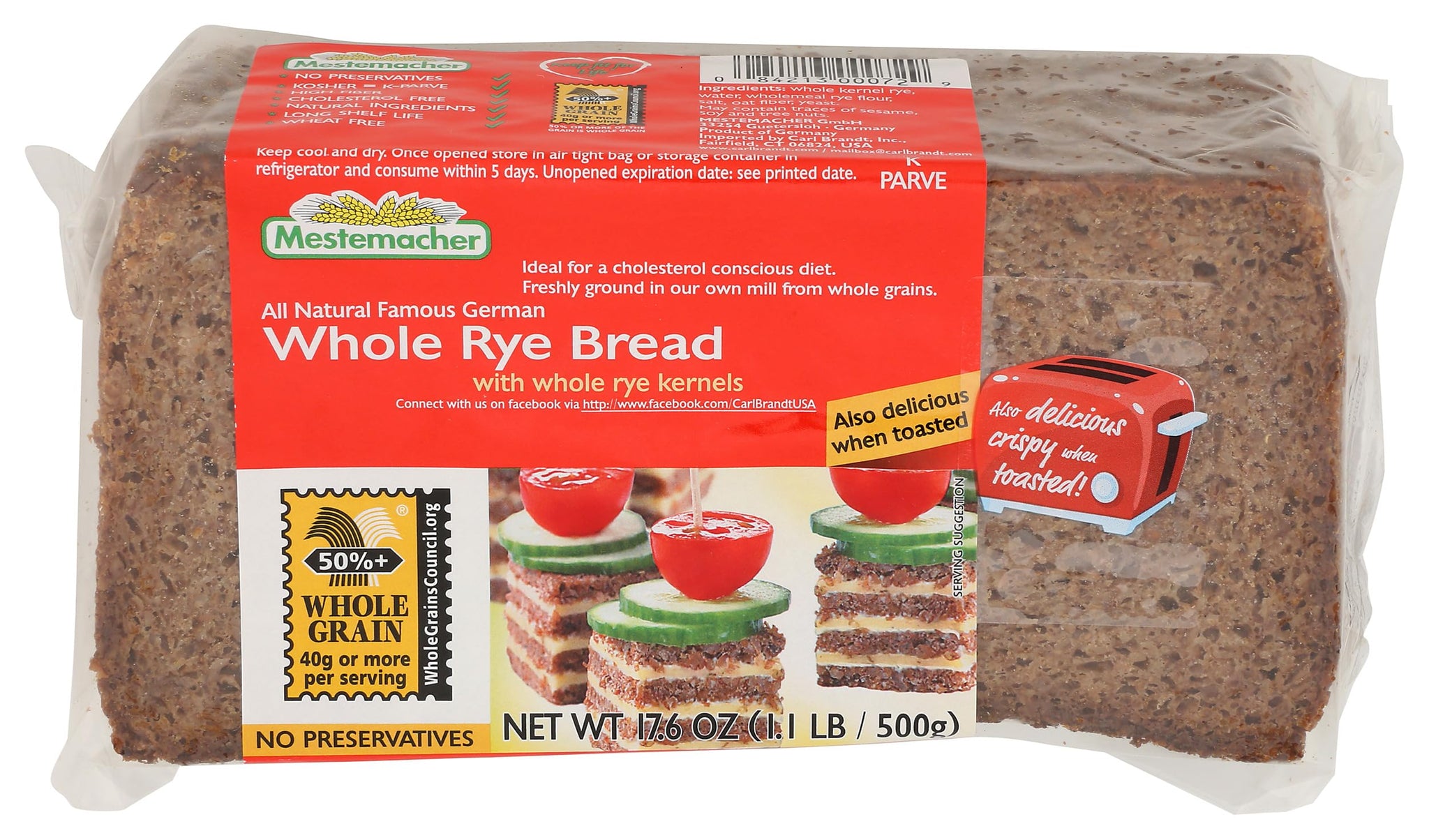 Mestemacher All Natural Whole Rye Bread, 17.6 Oz - Authentic German Whole Grain Rye Bread, High Fiber, Non-GMO, Ready to Eat, Long Shelf Life