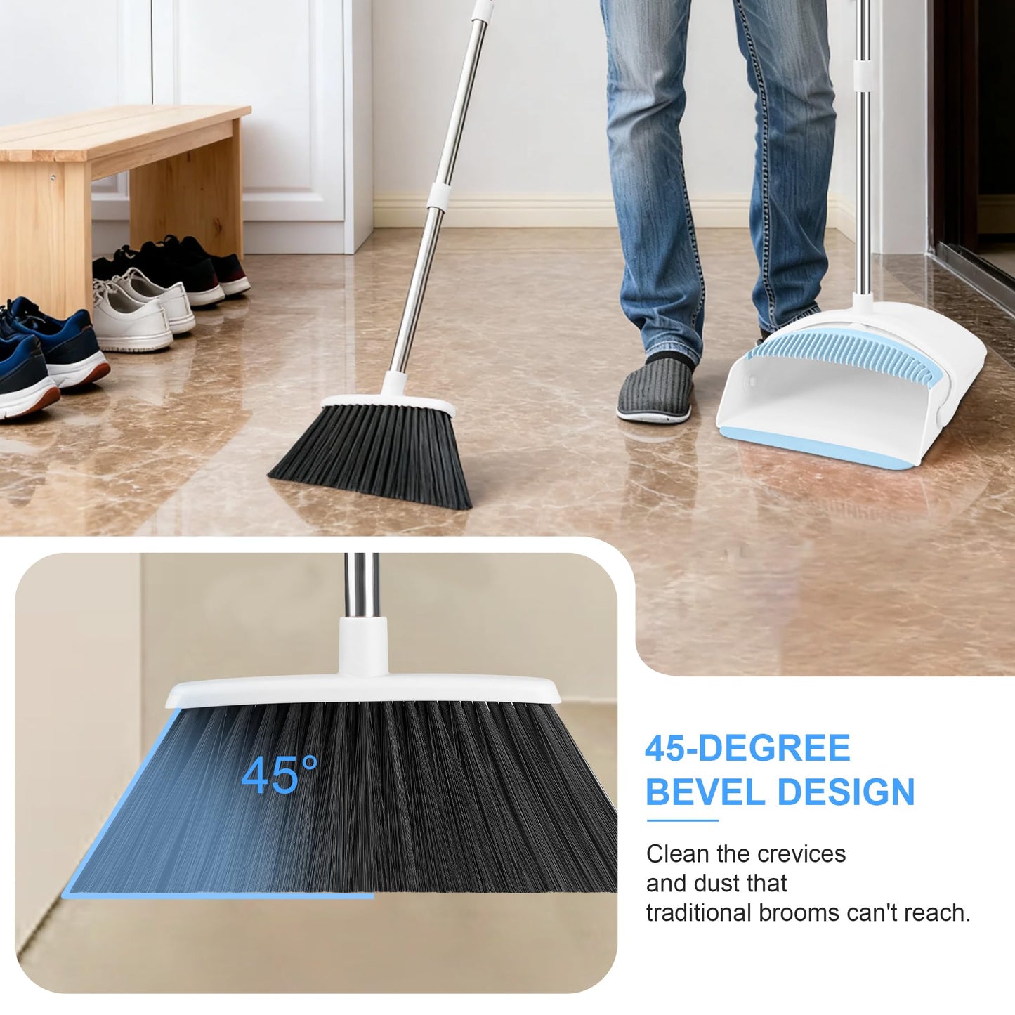 BSKLIN Broom and Dustpan Set for Home, 52-in Broom with Dustpan Combo with Dust Pan Teeth to Clean Pet Hair Long Handle Adjustable Broom for Kitchen