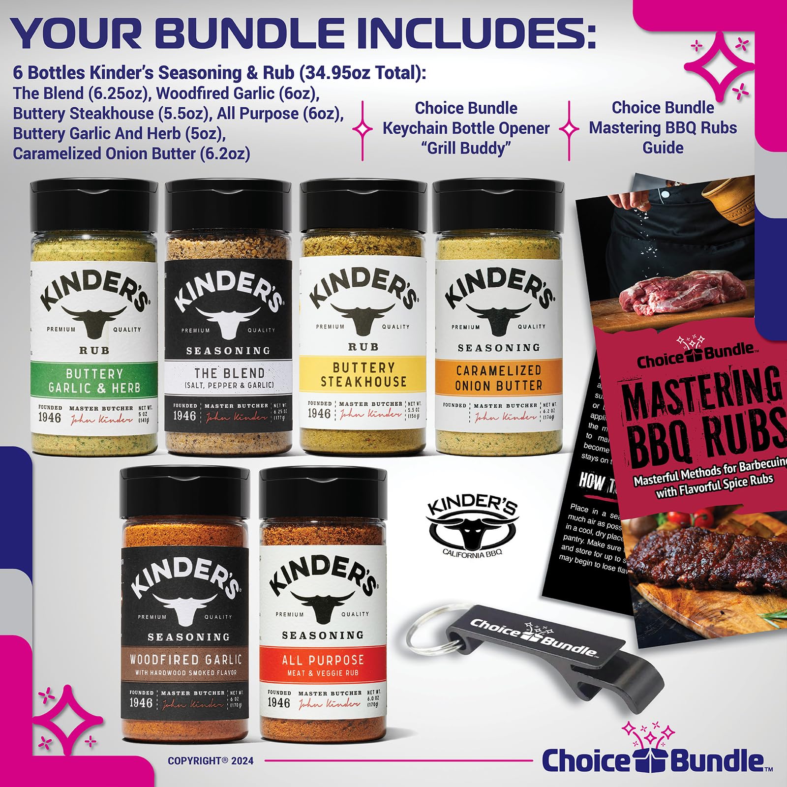 Kinders Buttery Garlic & Herb Woodfired Garlic The Blend Buttery Steakhouse All Purpose Caramelized Onion Butter Seasoning & Rub 6 pk (34.95 oz) + BBQ