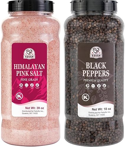 52USA Whole Black Peppercorns 18 oz + Himalayan Pink Salt (Fine Grain) 39 oz, Salt and Pepper Grinder, Black Peppercorn Refil, Kosher, Pink Himalayan