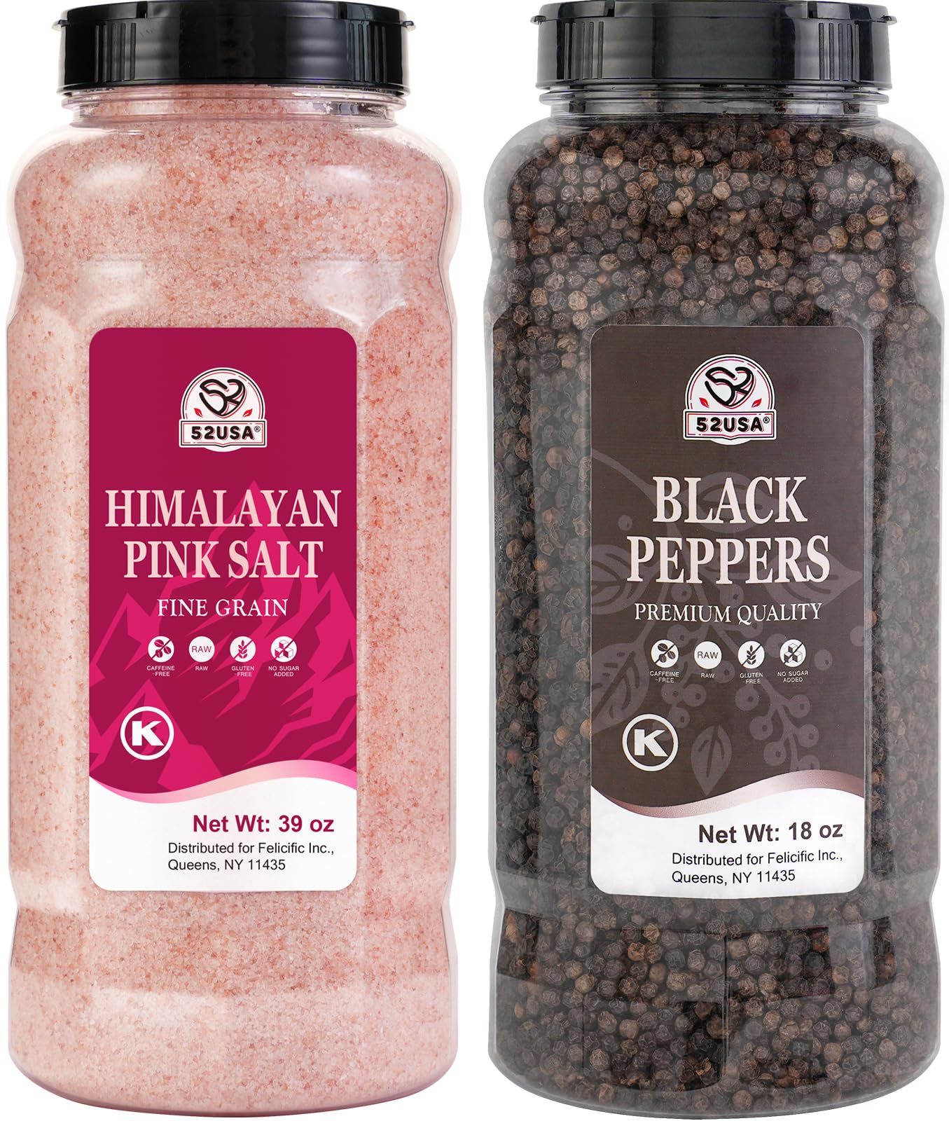 52USA Whole Black Peppercorns 18 oz + Himalayan Pink Salt (Fine Grain) 39 oz, Salt and Pepper Grinder, Black Peppercorn Refil, Kosher, Pink Himalayan
