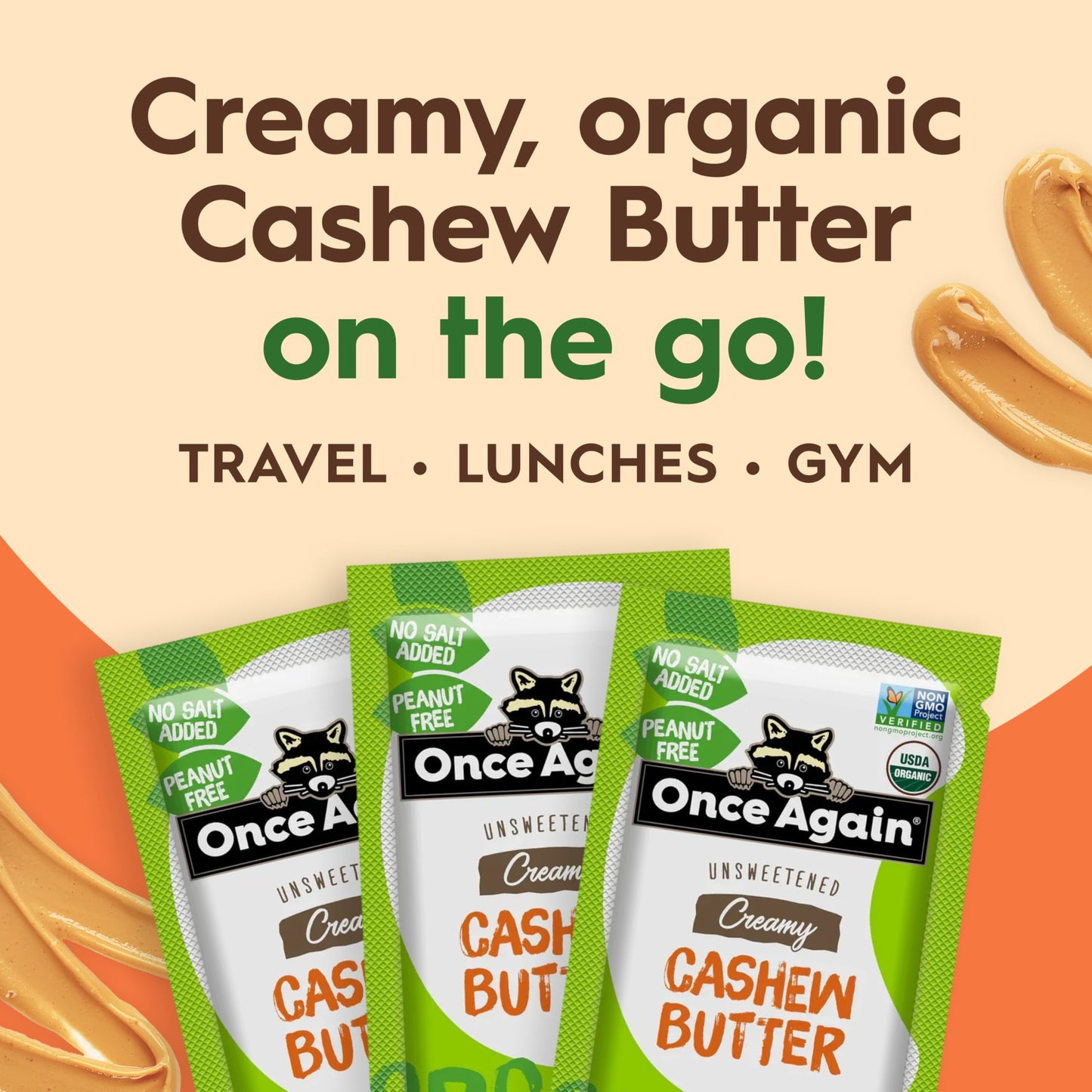 Once Again Organic Cashew Butter Packets - Individual Nut Butter Packets - No Sugar or Salt Added Snack Pouches - Single Serve Squeeze Packs - Vegan