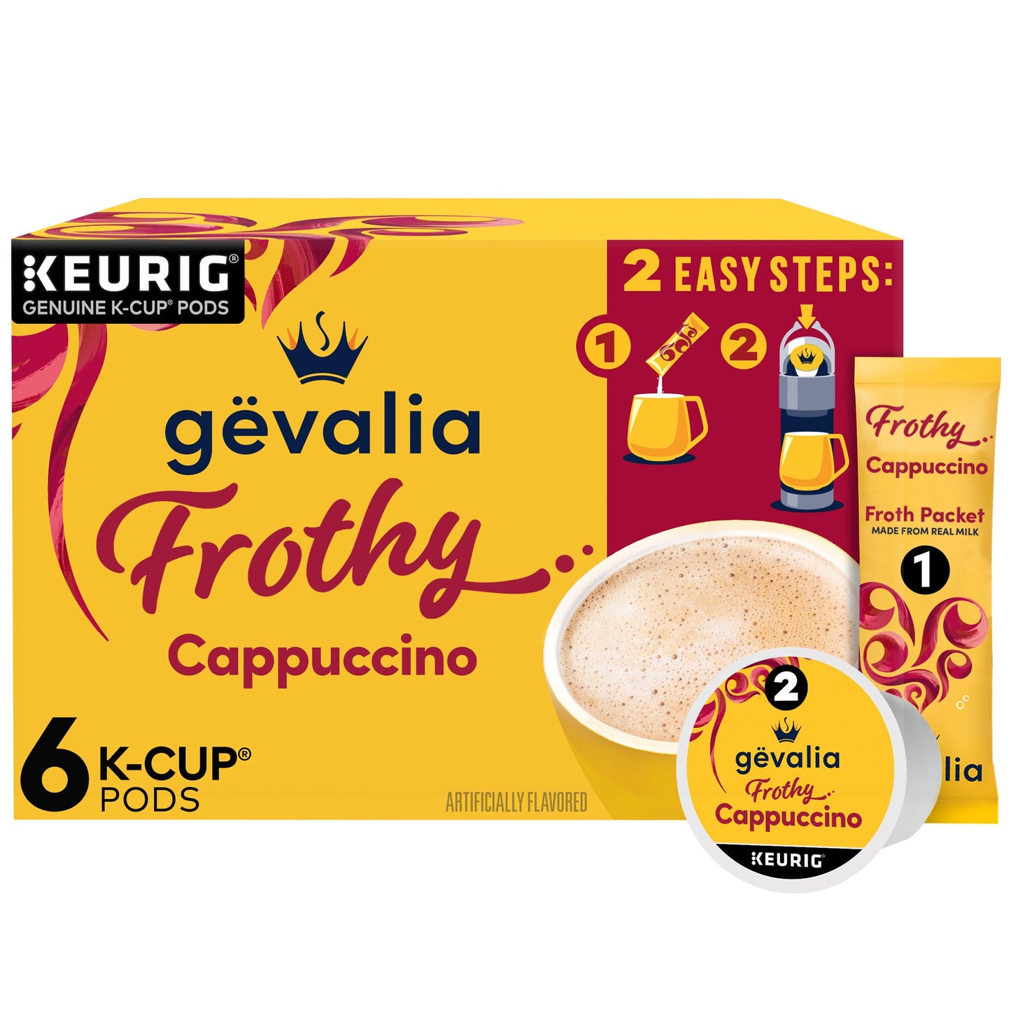 Gevalia Frothy 2-Step Artificially Flavored Cappuccino Espresso Style K?Cup Coffee Pods & Froth Packets Kit, 6 ct. Box