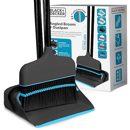 BLACK+DECKER Butler Broom & Dustpan Set - Short Handle, Stand-Up Design - Lightweight, Space-Saving Combo for Kitchen, Living Room, Bathroom, Lobby