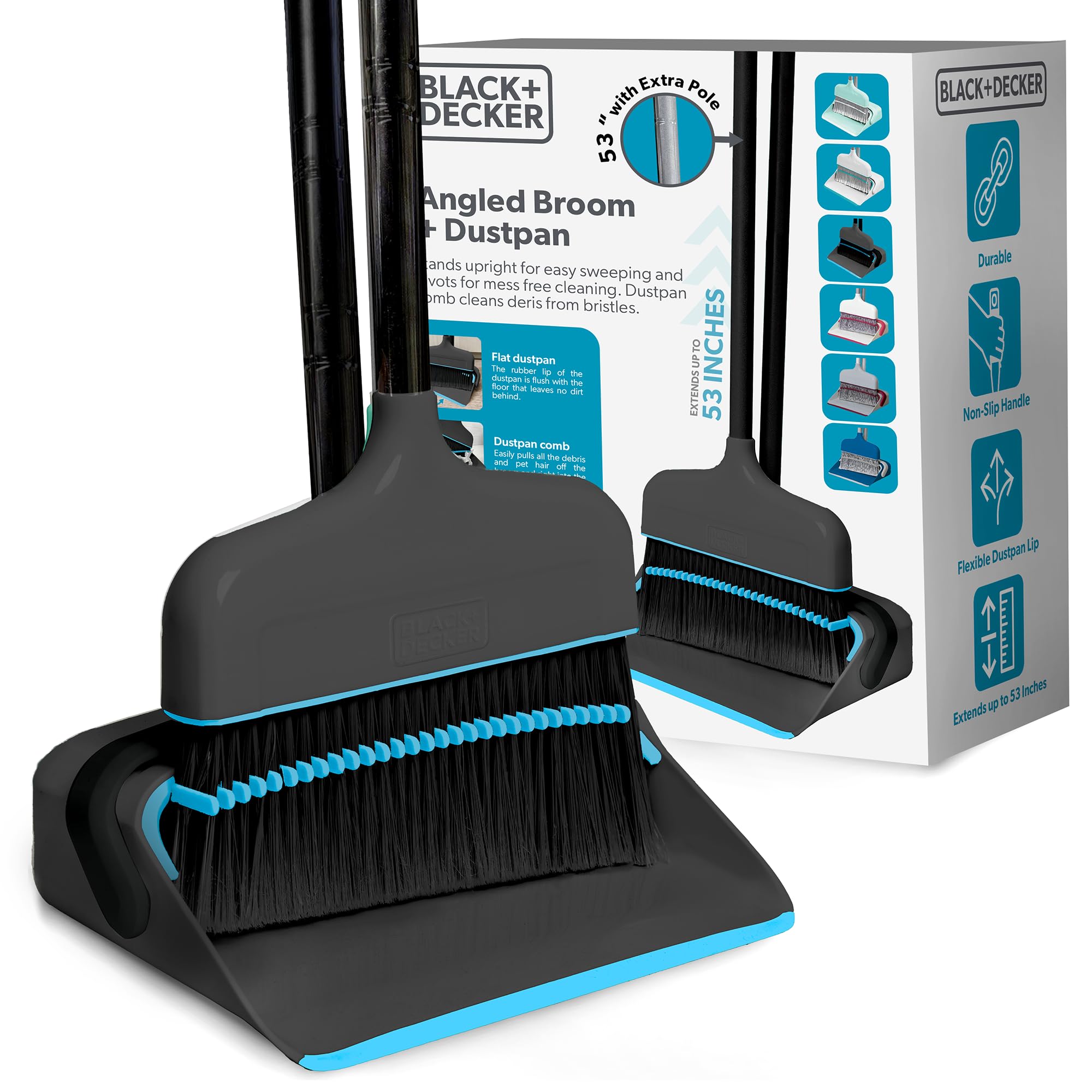 BLACK+DECKER Butler Broom & Dustpan Set - Short Handle, Stand-Up Design - Lightweight, Space-Saving Combo for Kitchen, Living Room, Bathroom, Lobby