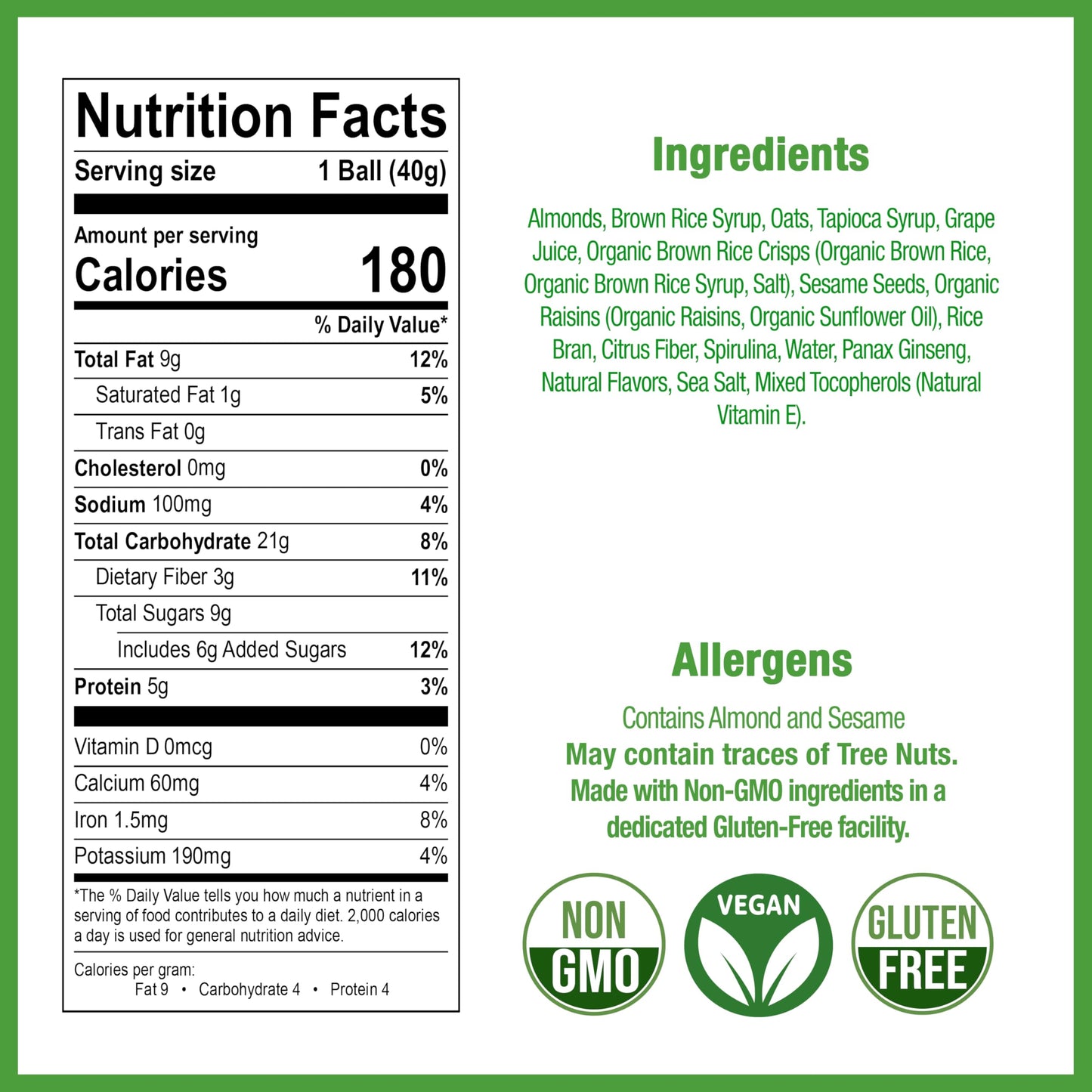Betty Lou's Spirulina Ginseng Energy Balls, Gluten Free, Non GMO, High Fiber, No Refined Sugar, Healthy Vegan Snacks for Adults and Kids, Individually