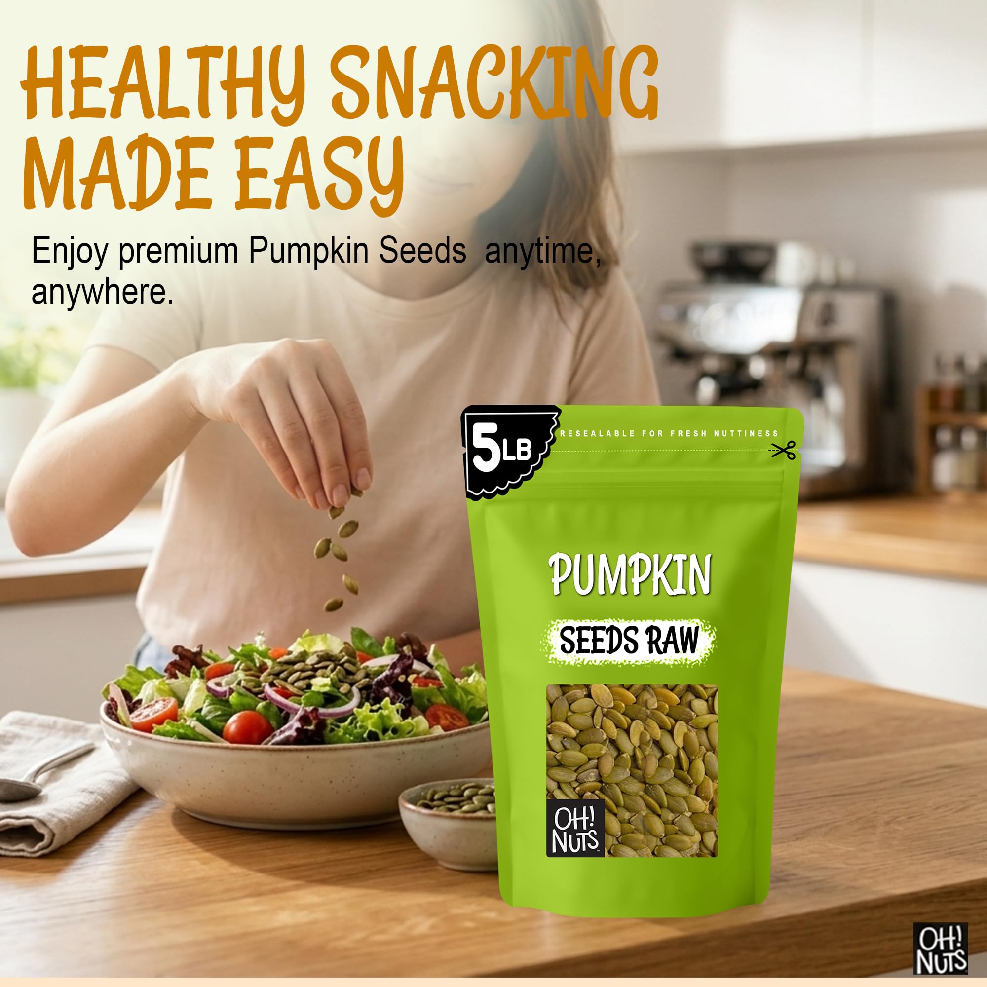 Oh! Nuts Pepitas Raw Unsalted Pumpkin Seeds - Resealable 5-Pound Bulk Bag - All-Natural Protein Power - Fresh, Healthy Snacks - Unshelled Pepitas