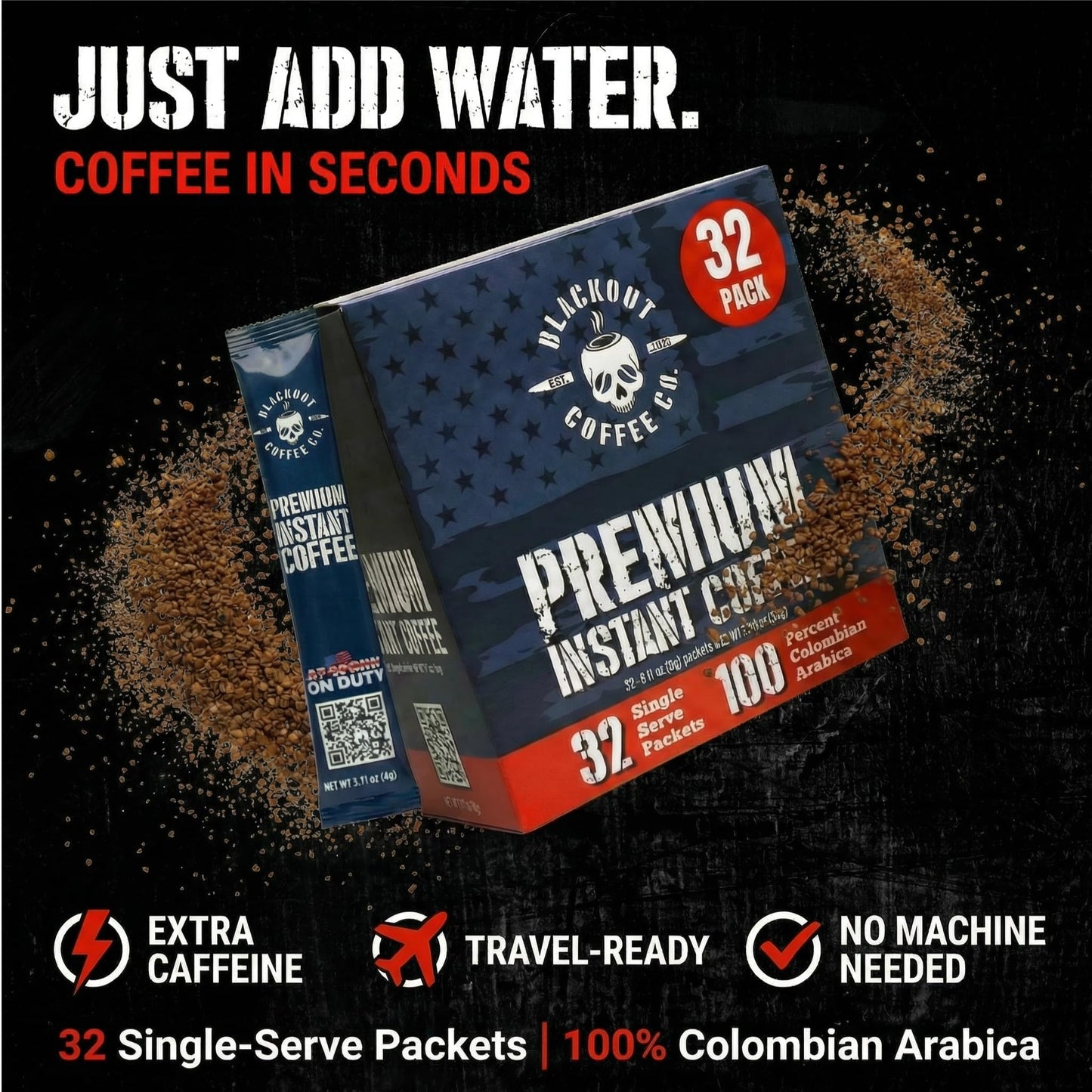 Blackout Coffee Colombian Arabica Instant Coffee - Medium Roast, Strong Aromatic, Single Serve Packets - Premium Quality 32 Count.